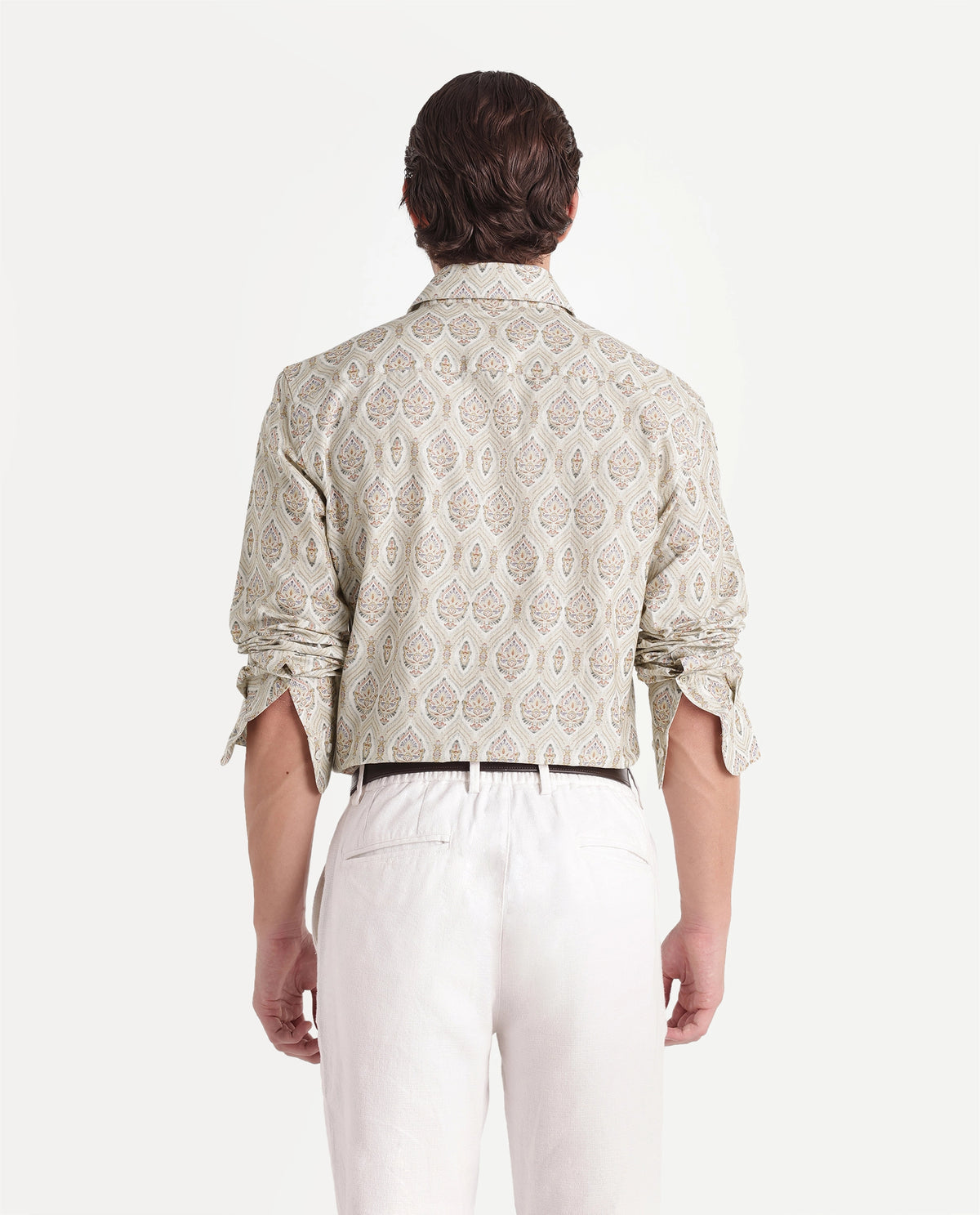 Rare Rabbit Men's Swank Primary Off White Linen Blend Spread Collar Regular Decorative Print Shirt