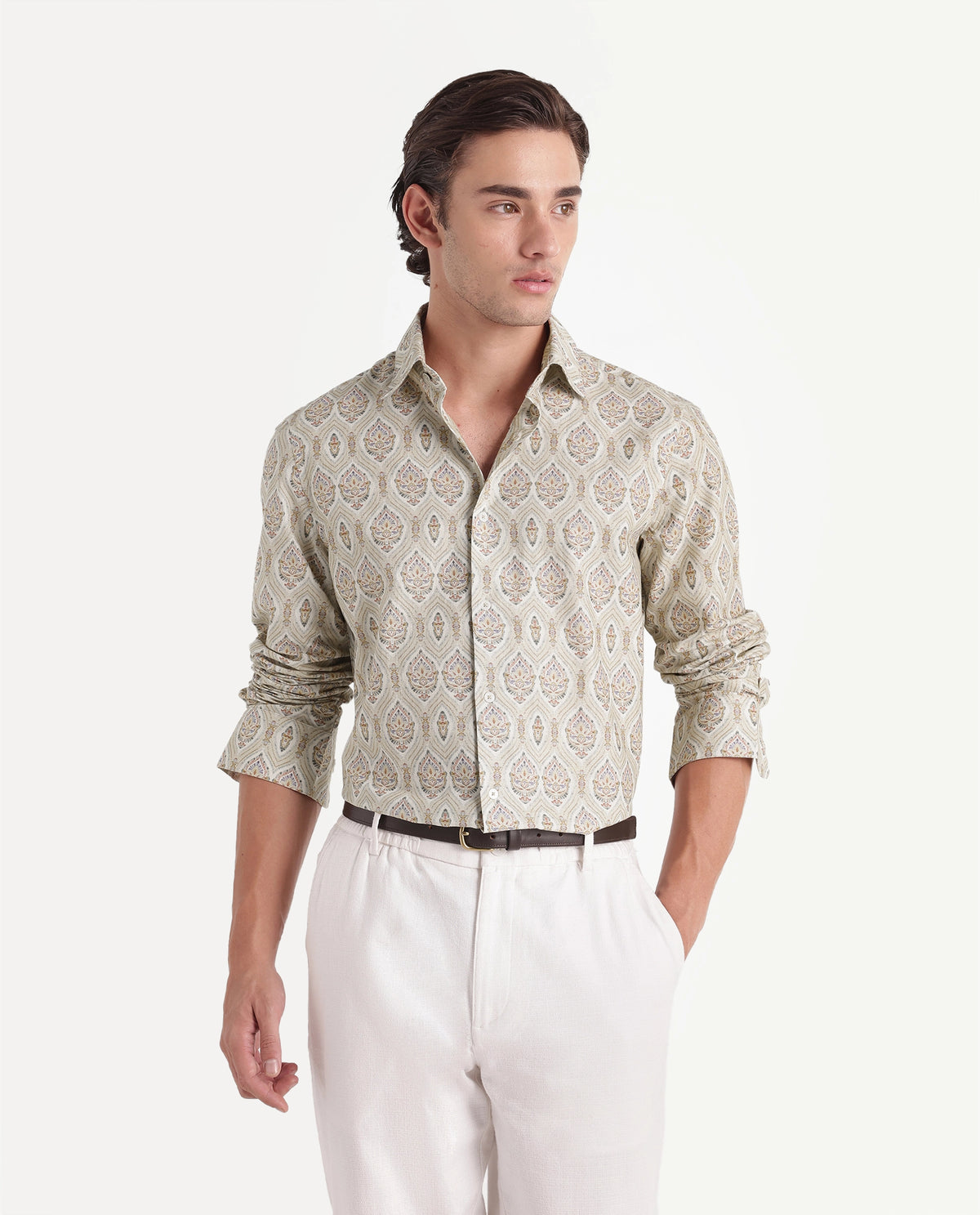 Rare Rabbit Men's Swank Primary Off White Linen Blend Spread Collar Regular Decorative Print Shirt
