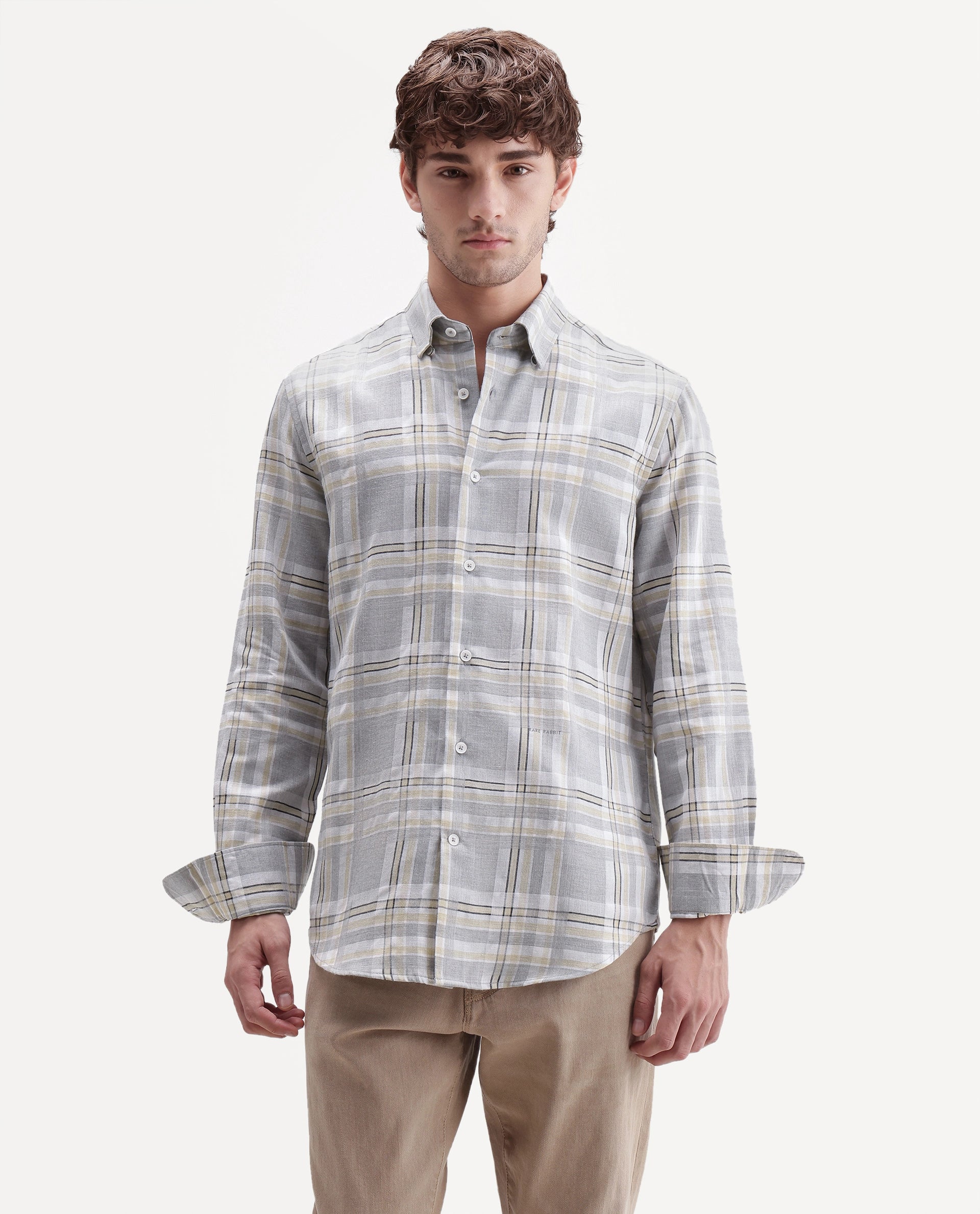 Rare Rabbit Men's Julon Light Grey Cotton Blend Spread Collar Regular Checked Shirt