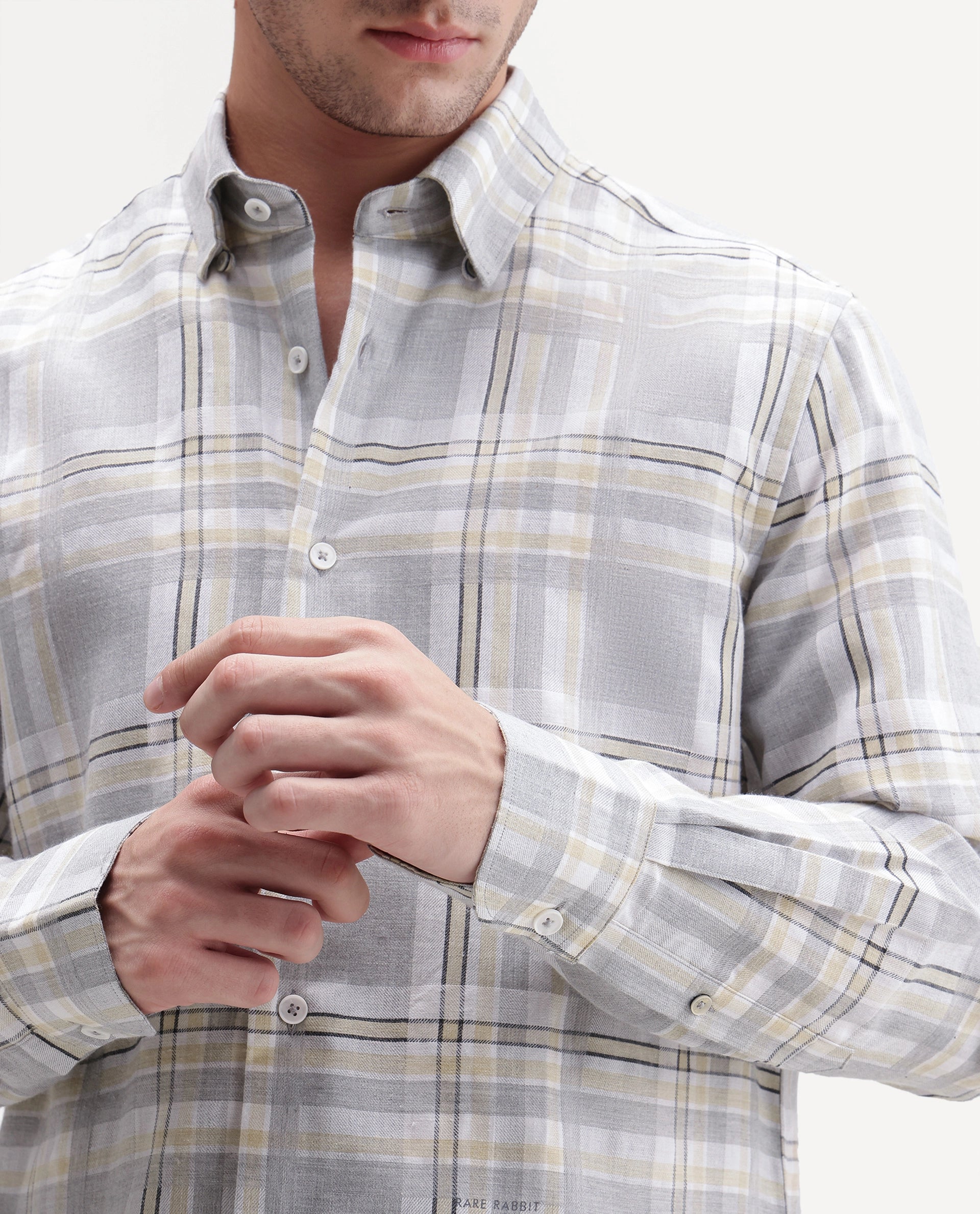 Rare Rabbit Men's Julon Light Grey Cotton Blend Spread Collar Regular Checked Shirt