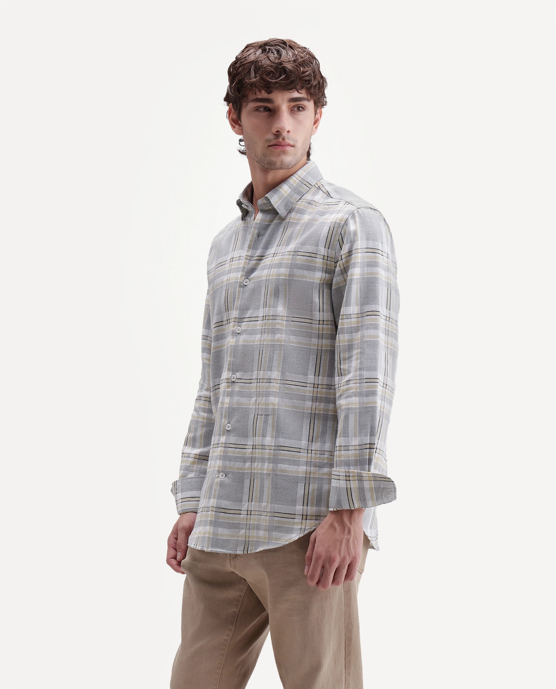 Rare Rabbit Men's Julon Light Grey Cotton Blend Spread Collar Regular Checked Shirt