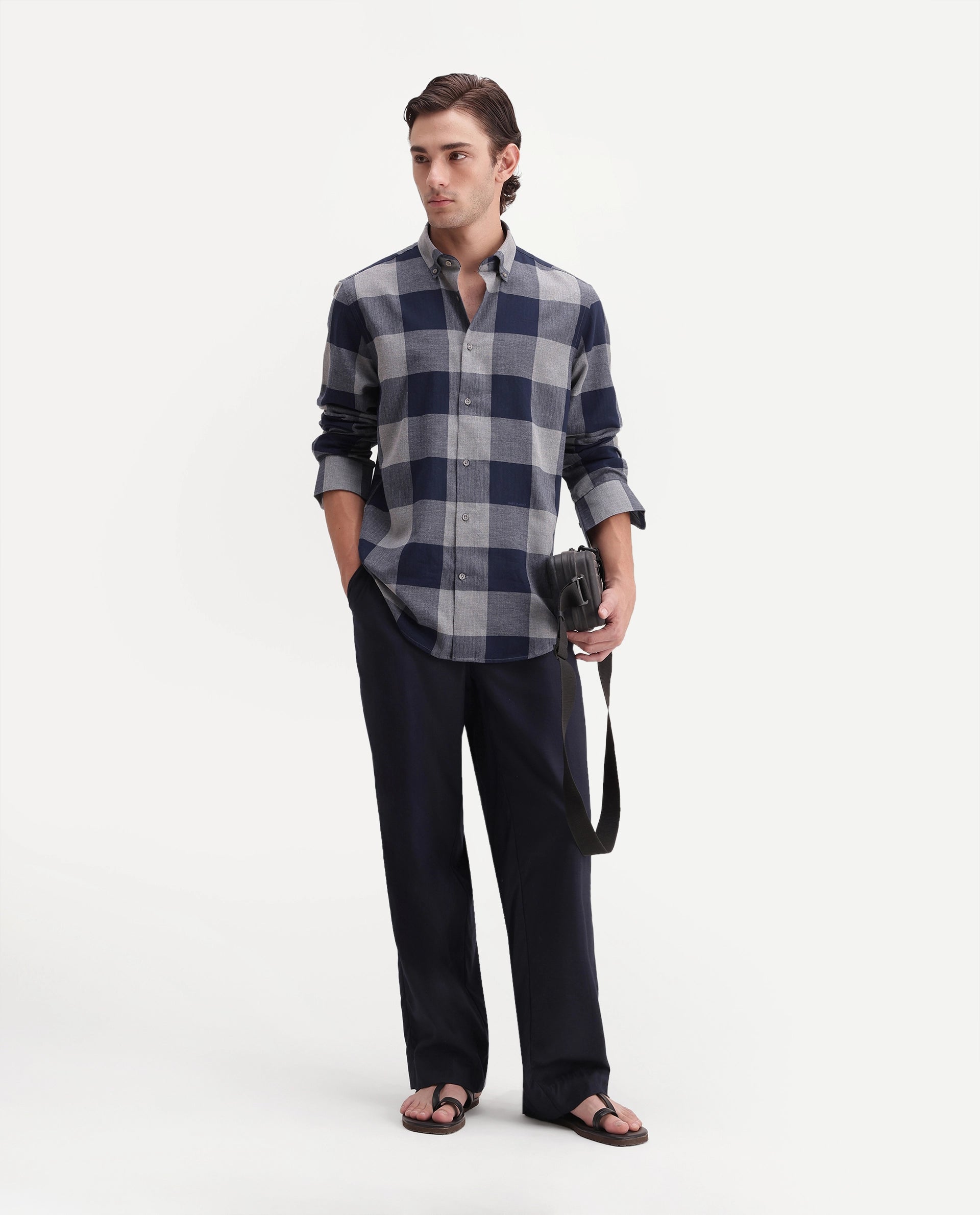 Rare Rabbit Men's Tenz Dark Blue Cotton Blend Spread Collar Regular Checks Shirt