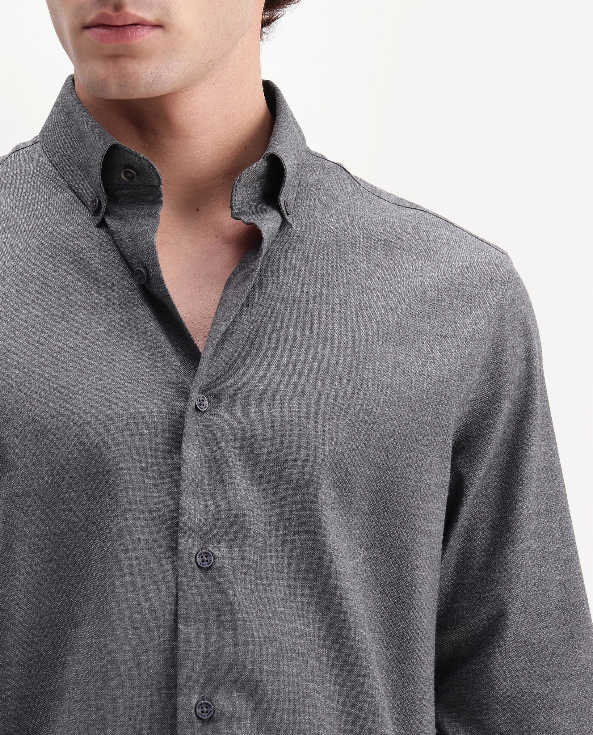 Rare Rabbit Men's Jonar Dark Grey Polyester Blend Spread Collar Regular Plain Shirt