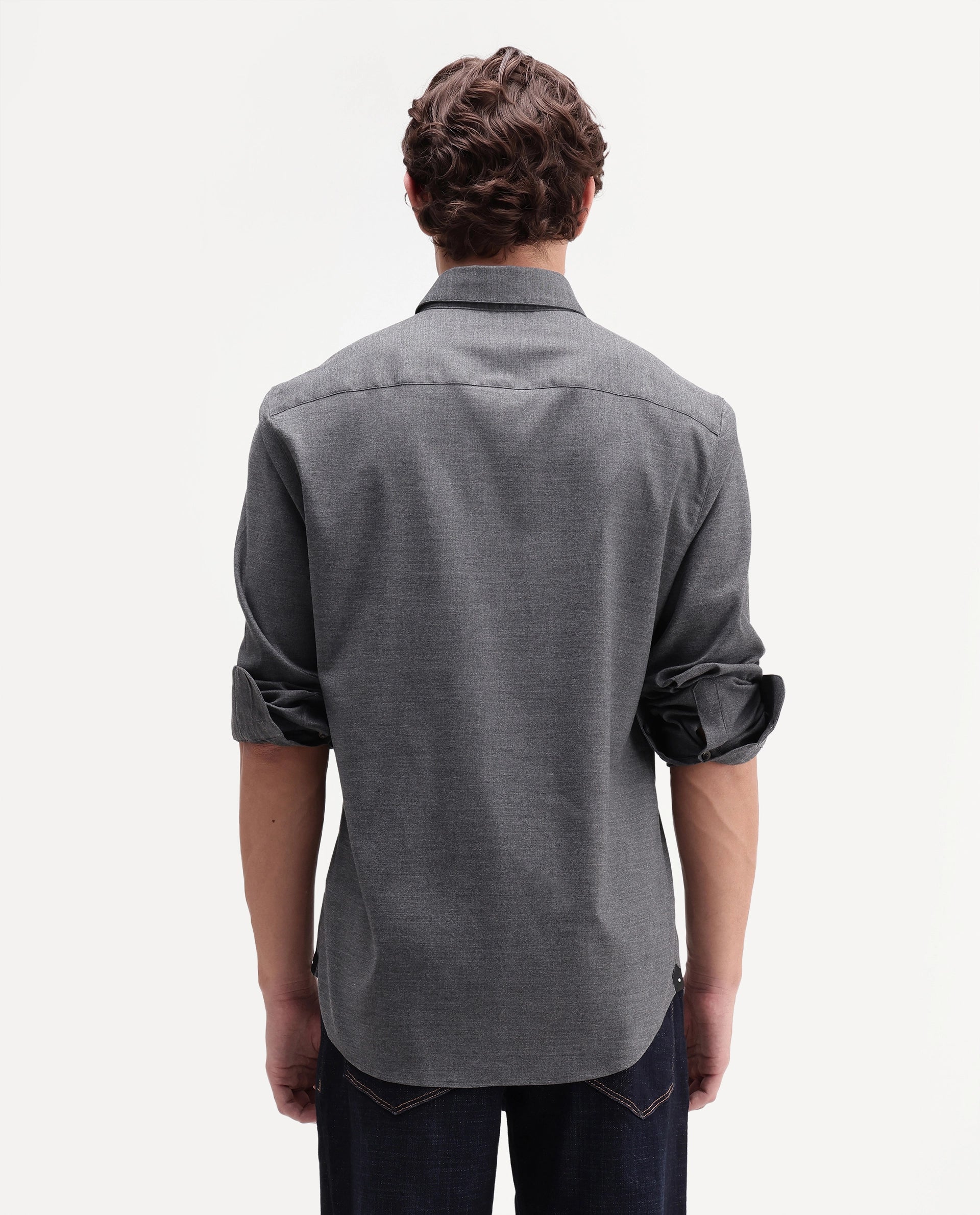 Rare Rabbit Men's Jonar Dark Grey Polyester Blend Spread Collar Regular Plain Shirt