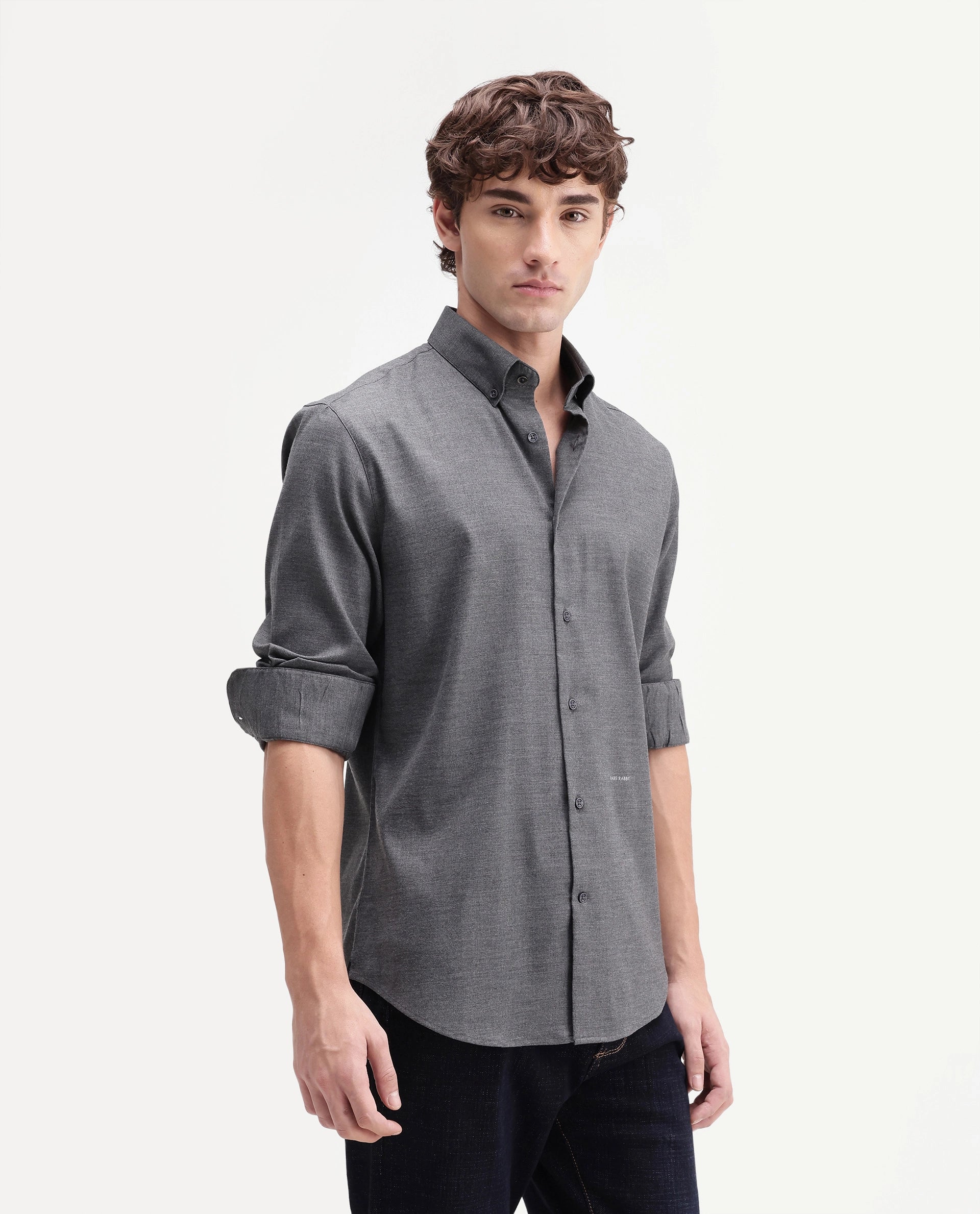 Rare Rabbit Men's Jonar Dark Grey Polyester Blend Spread Collar Regular Plain Shirt