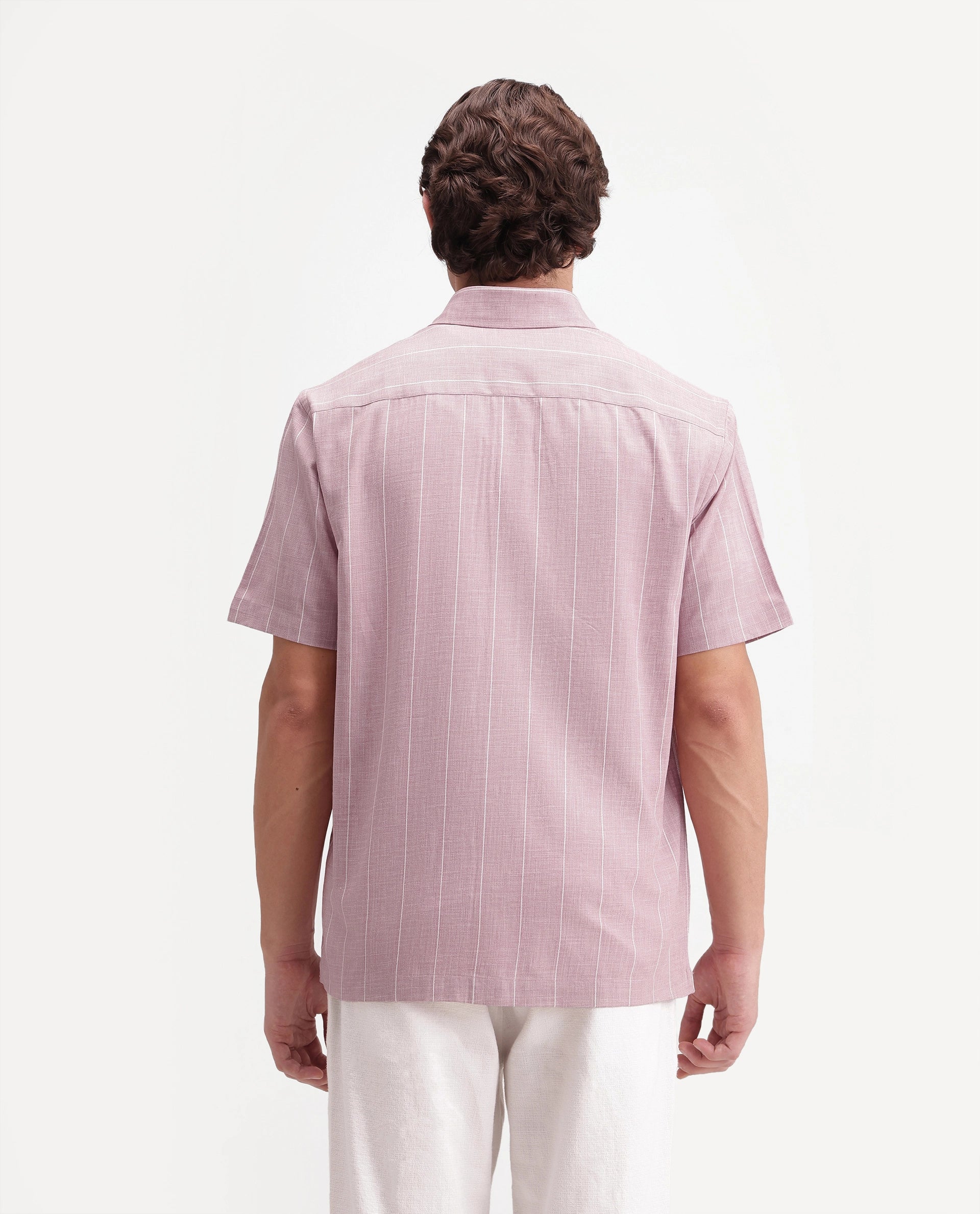 Rare Rabbit Men's Pedri Primary Pink Viscose Blend Spread Collar Regular Striped Shirt