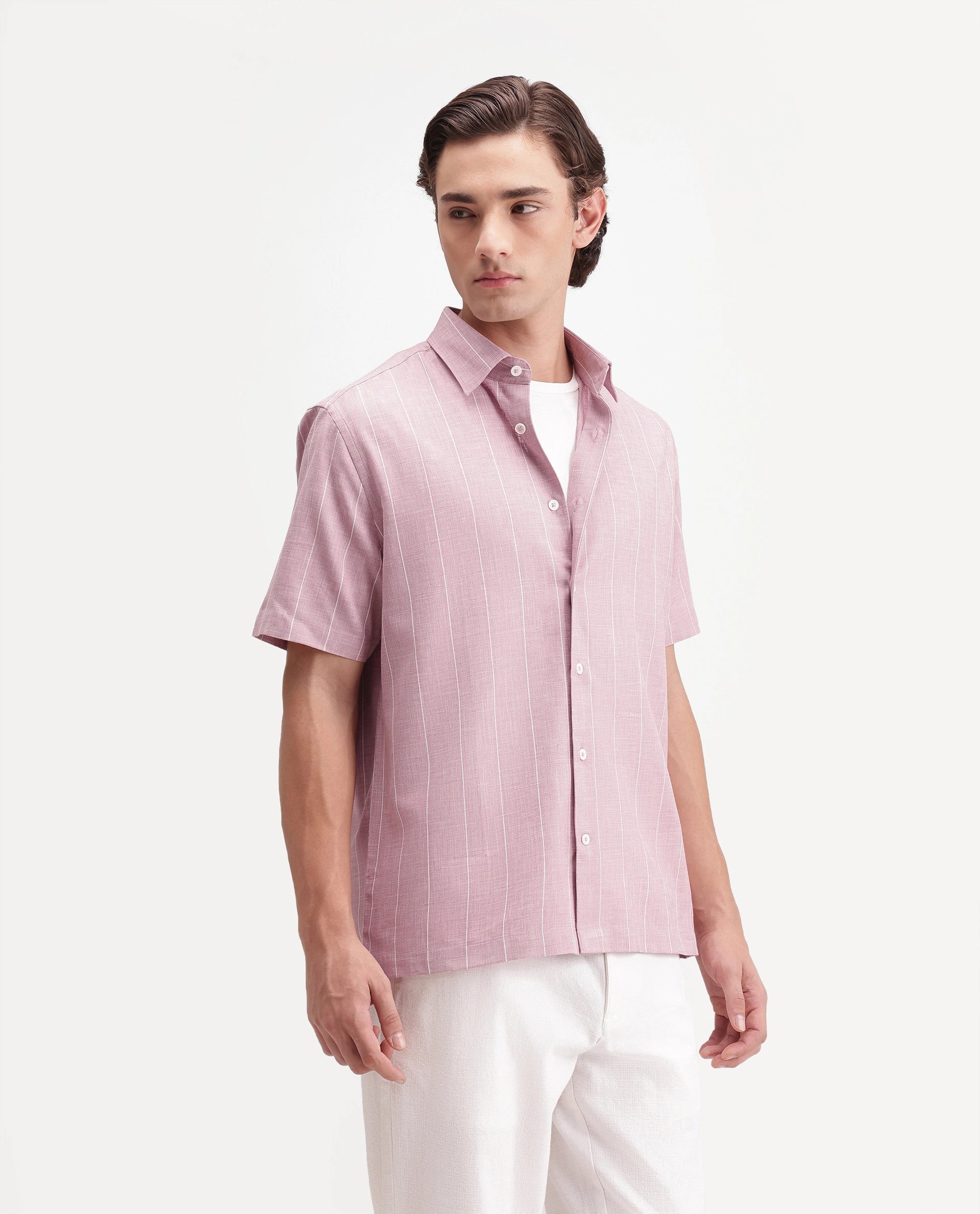 Rare Rabbit Men's Pedri Primary Pink Viscose Blend Spread Collar Regular Striped Shirt