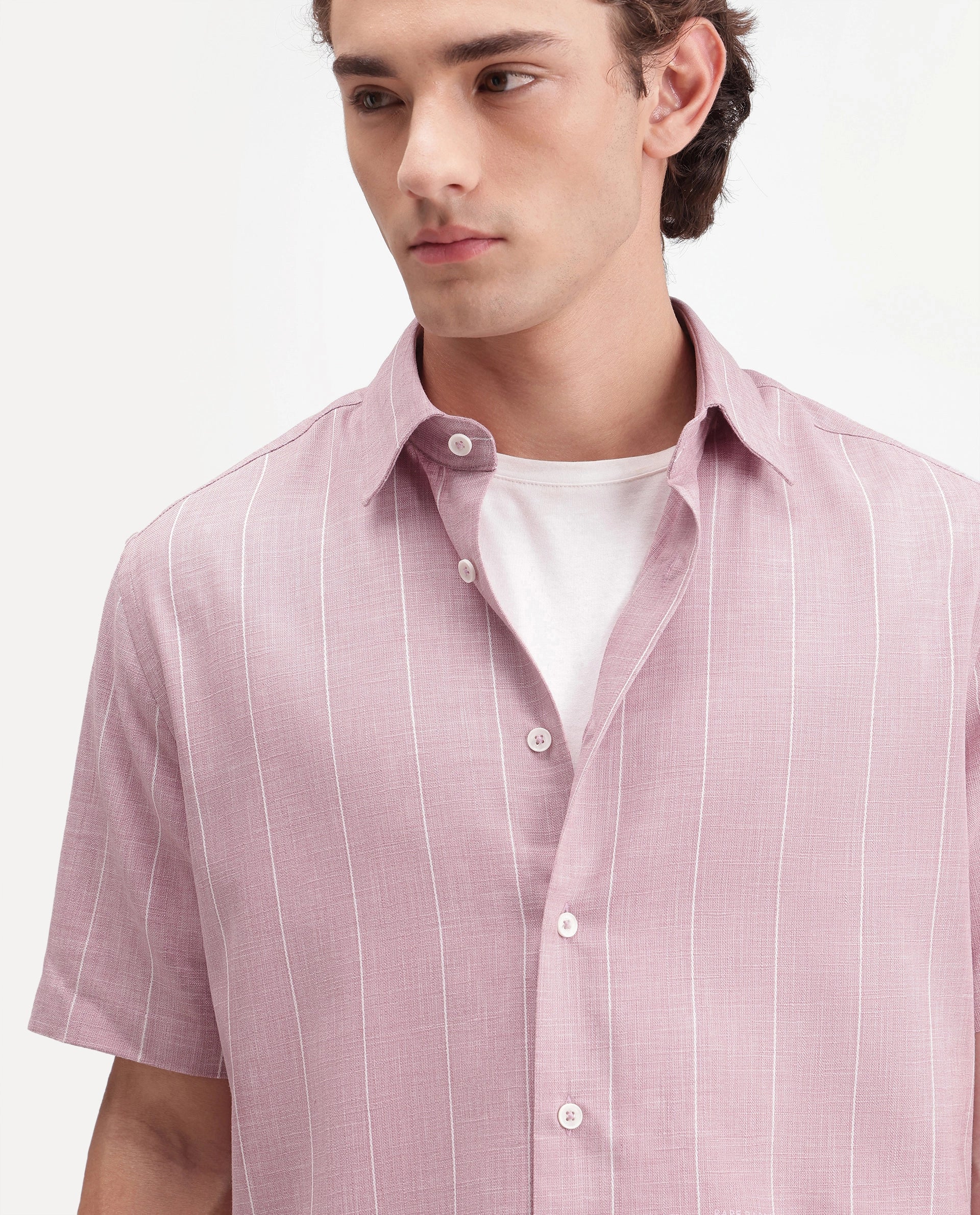 Rare Rabbit Men's Pedri Primary Pink Viscose Blend Spread Collar Regular Striped Shirt