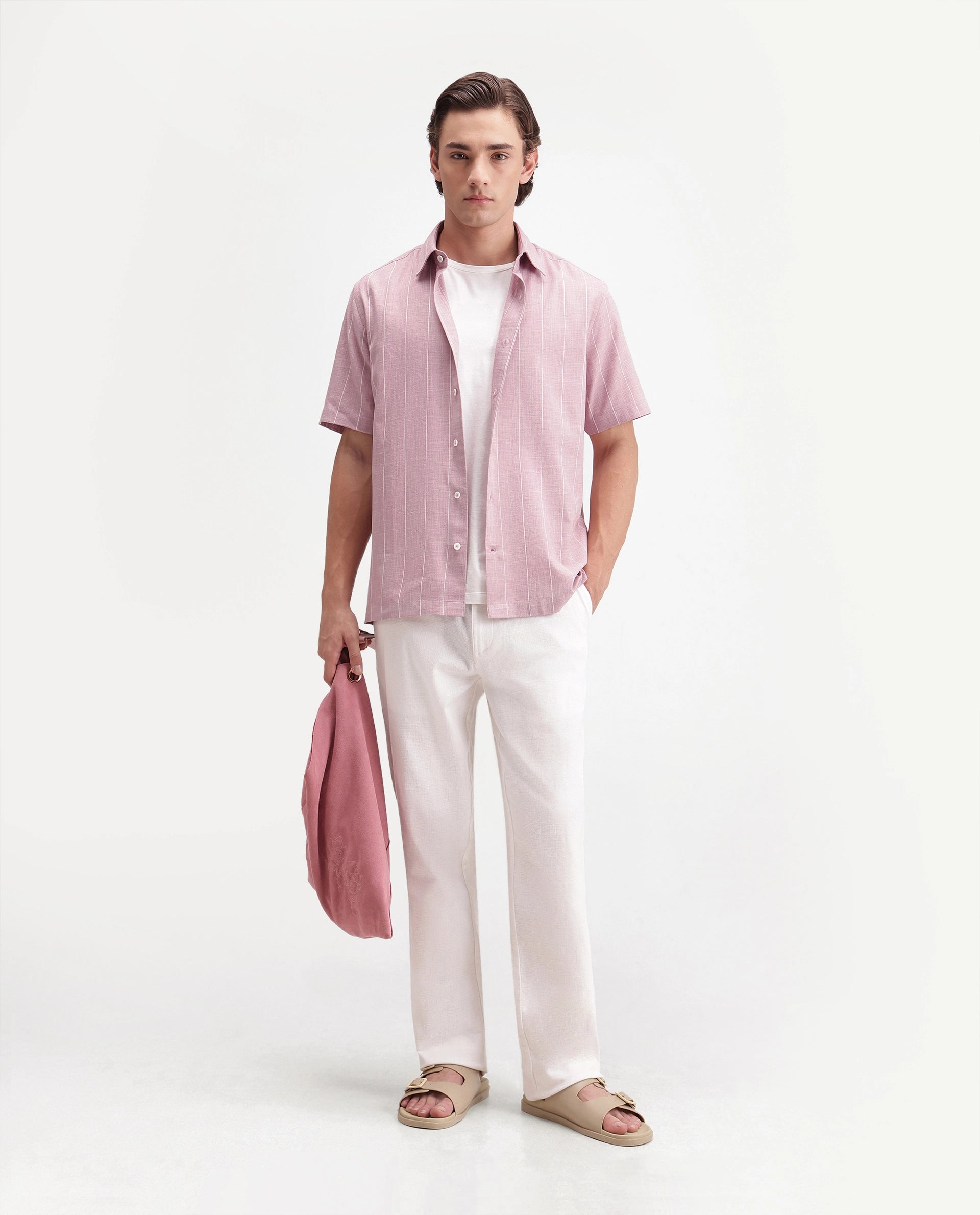 Rare Rabbit Men's Pedri Primary Pink Viscose Blend Spread Collar Regular Striped Shirt
