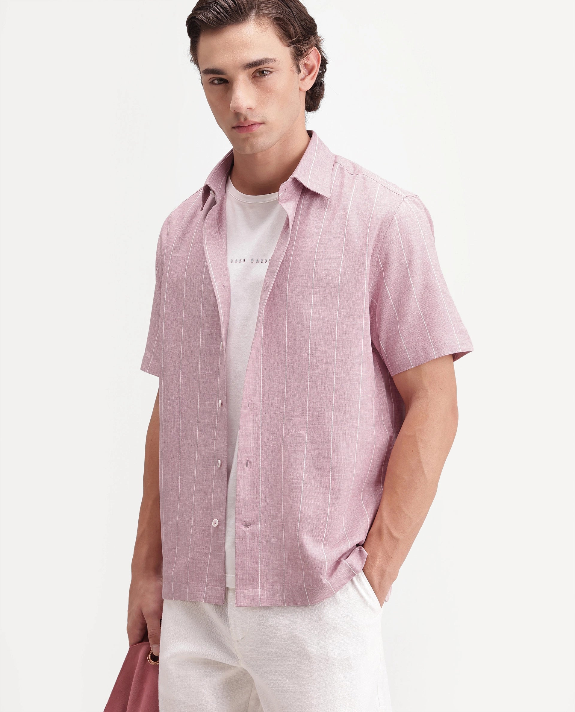 Rare Rabbit Men's Pedri Primary Pink Viscose Blend Spread Collar Regular Striped Shirt