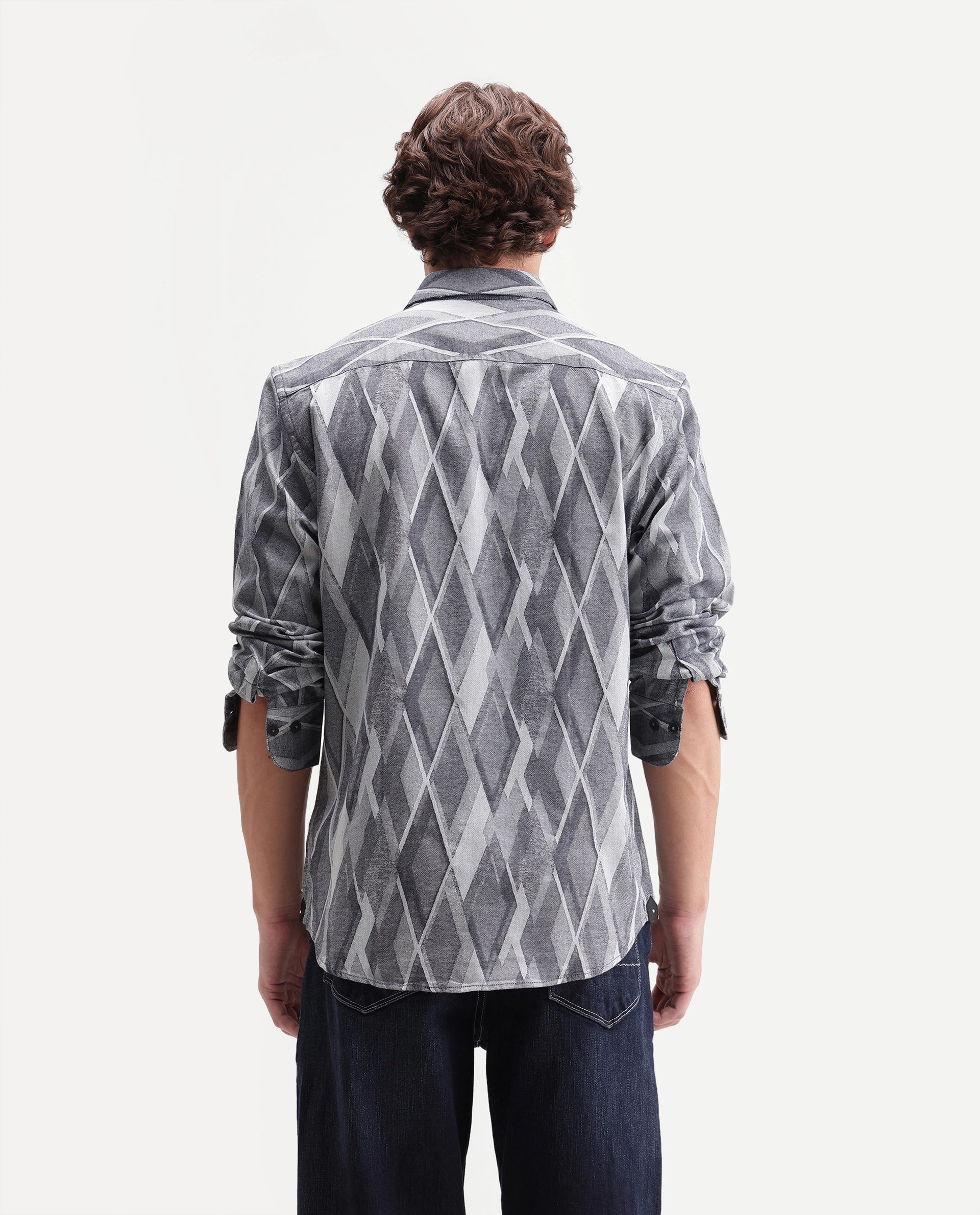 Rare Rabbit Men's Ivox Dark Grey Cotton Spread Collar Regular Geometric Jacquard Shirt