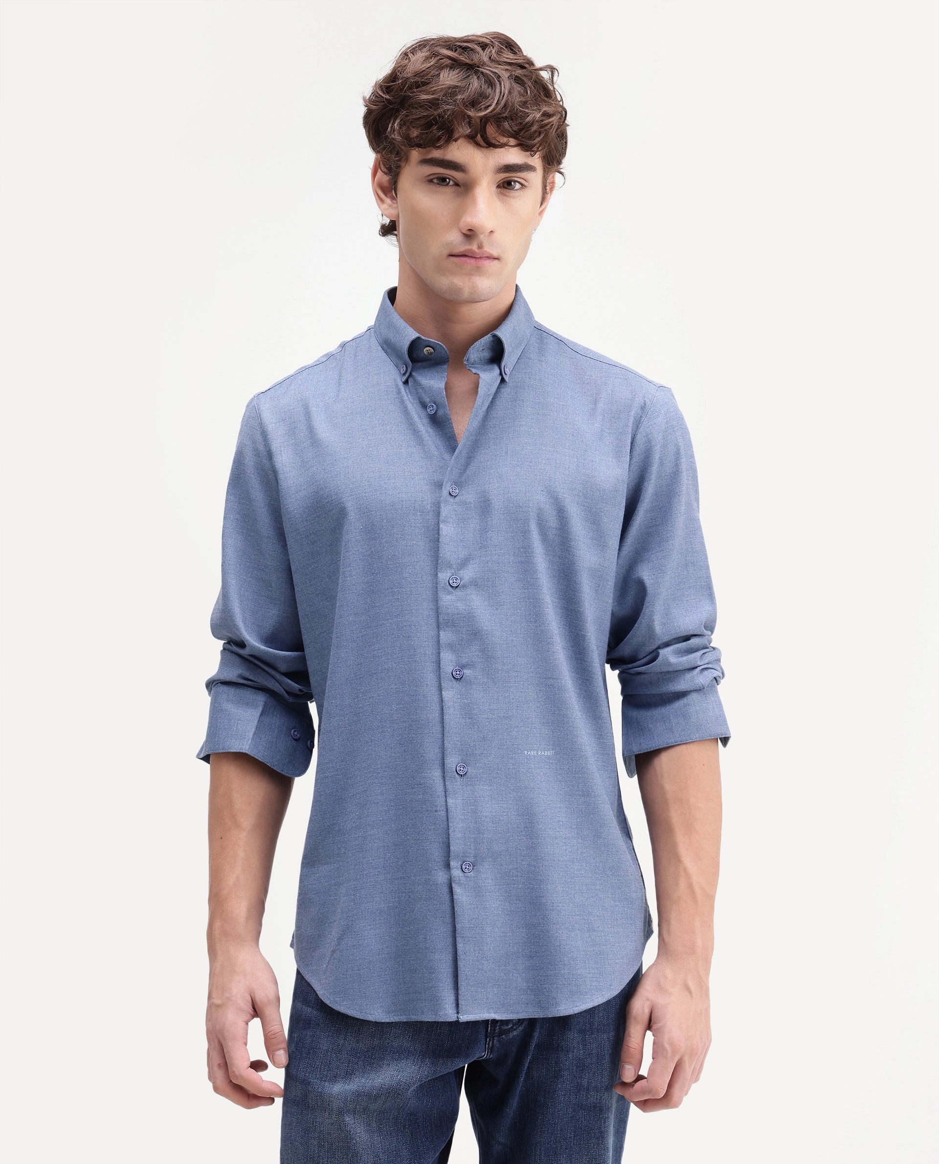 Rare Rabbit Men's Jonar Dusky Blue Polyester Blend Spread Collar Regular Plain Shirt
