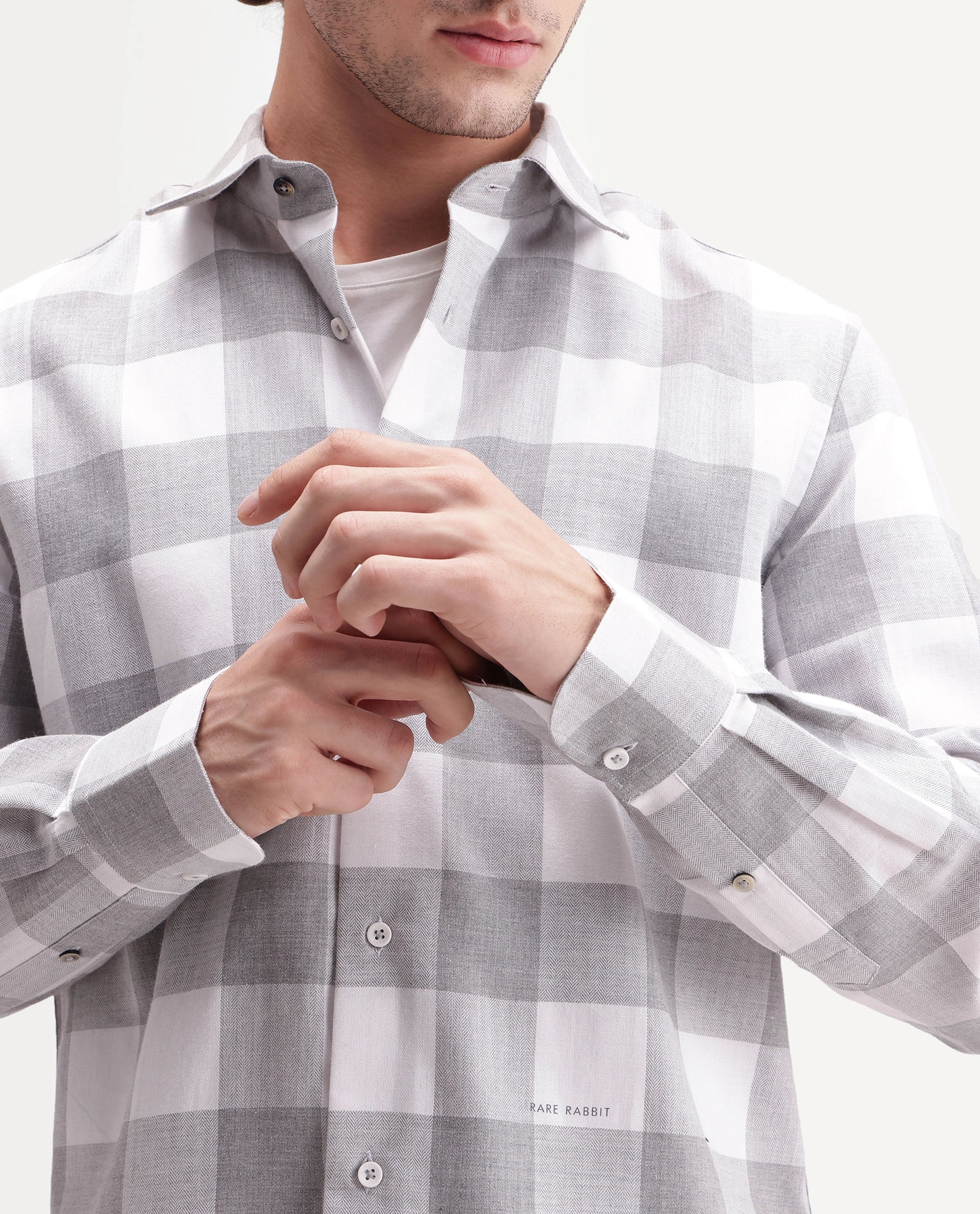 Rare Rabbit Men's Cront Grey Cotton Blend Spread Collar Regular Checked Shirt