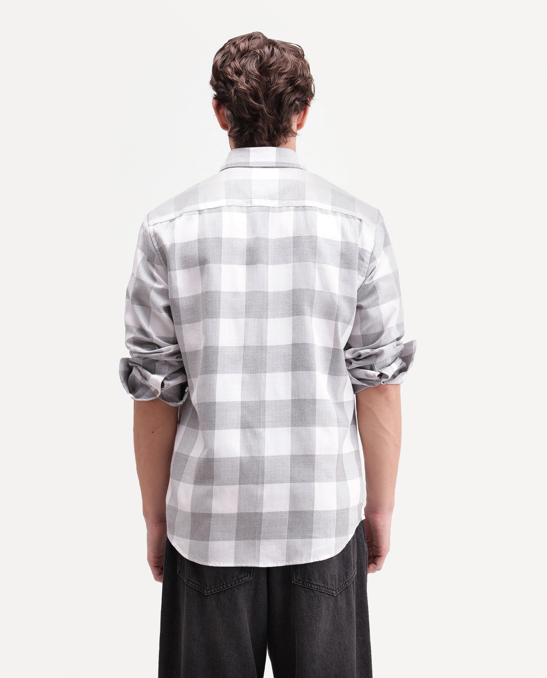 Rare Rabbit Men's Cront Grey Cotton Blend Spread Collar Regular Checked Shirt