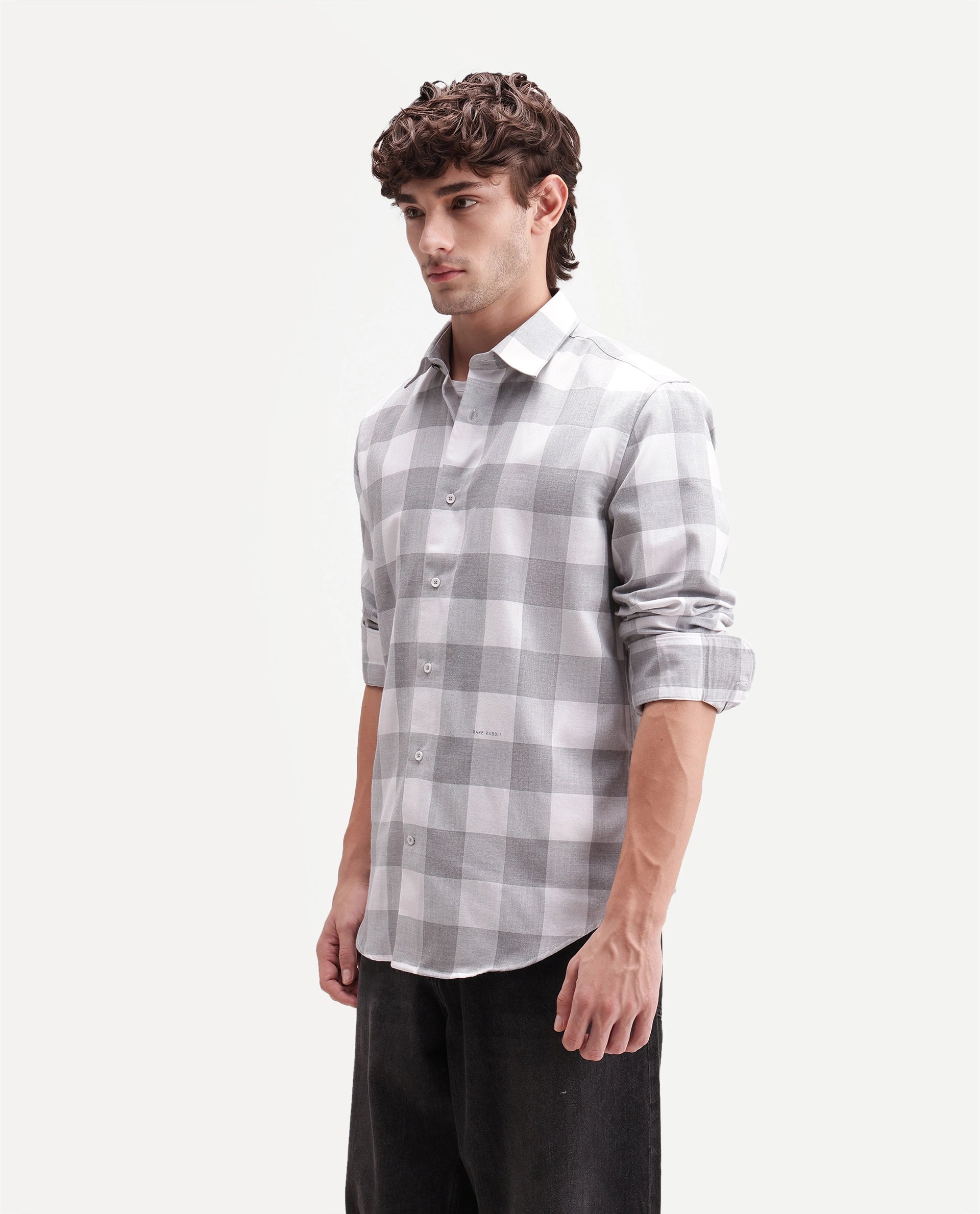 Rare Rabbit Men's Cront Grey Cotton Blend Spread Collar Regular Checked Shirt