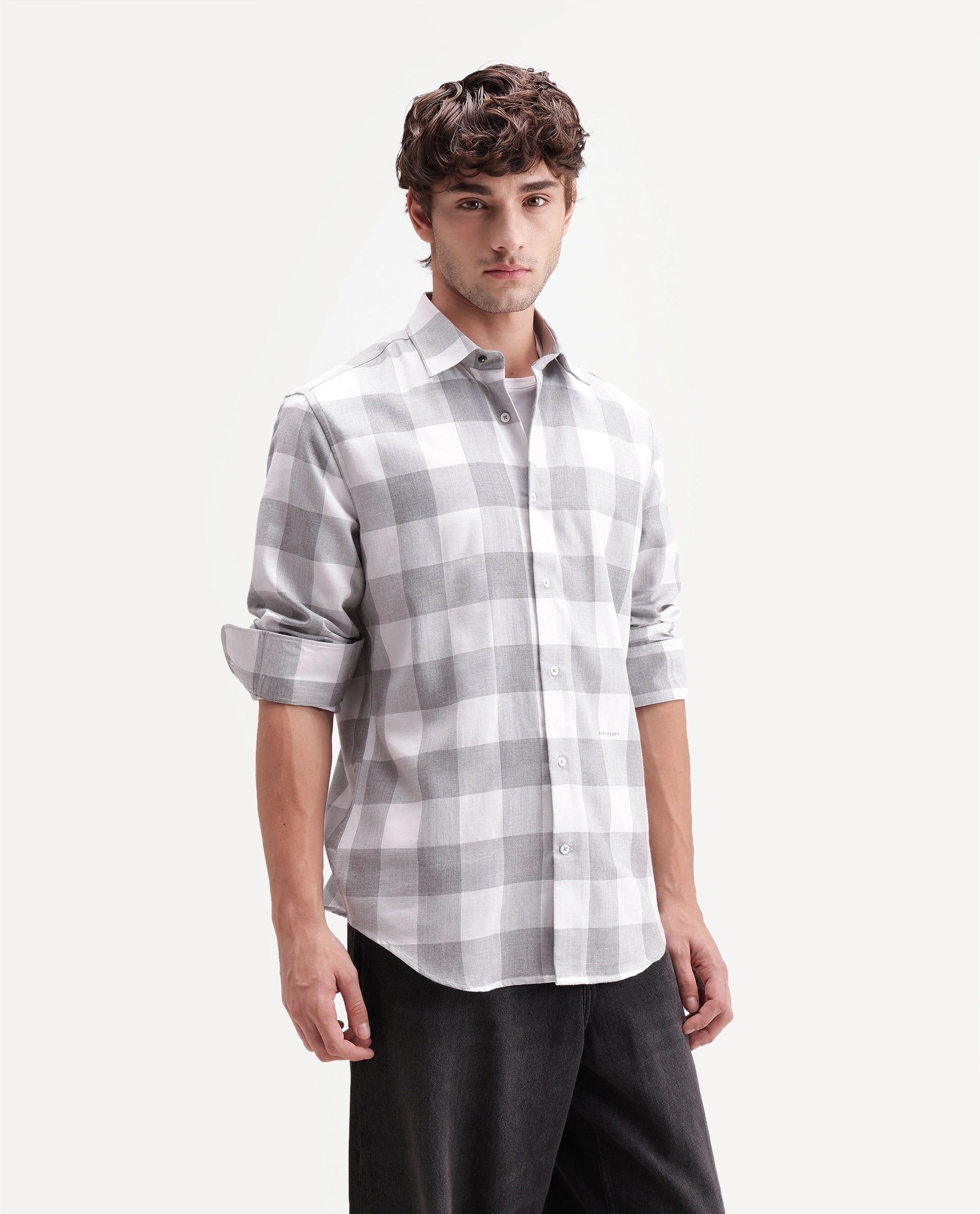 Rare Rabbit Men's Cront Grey Cotton Blend Spread Collar Regular Checked Shirt