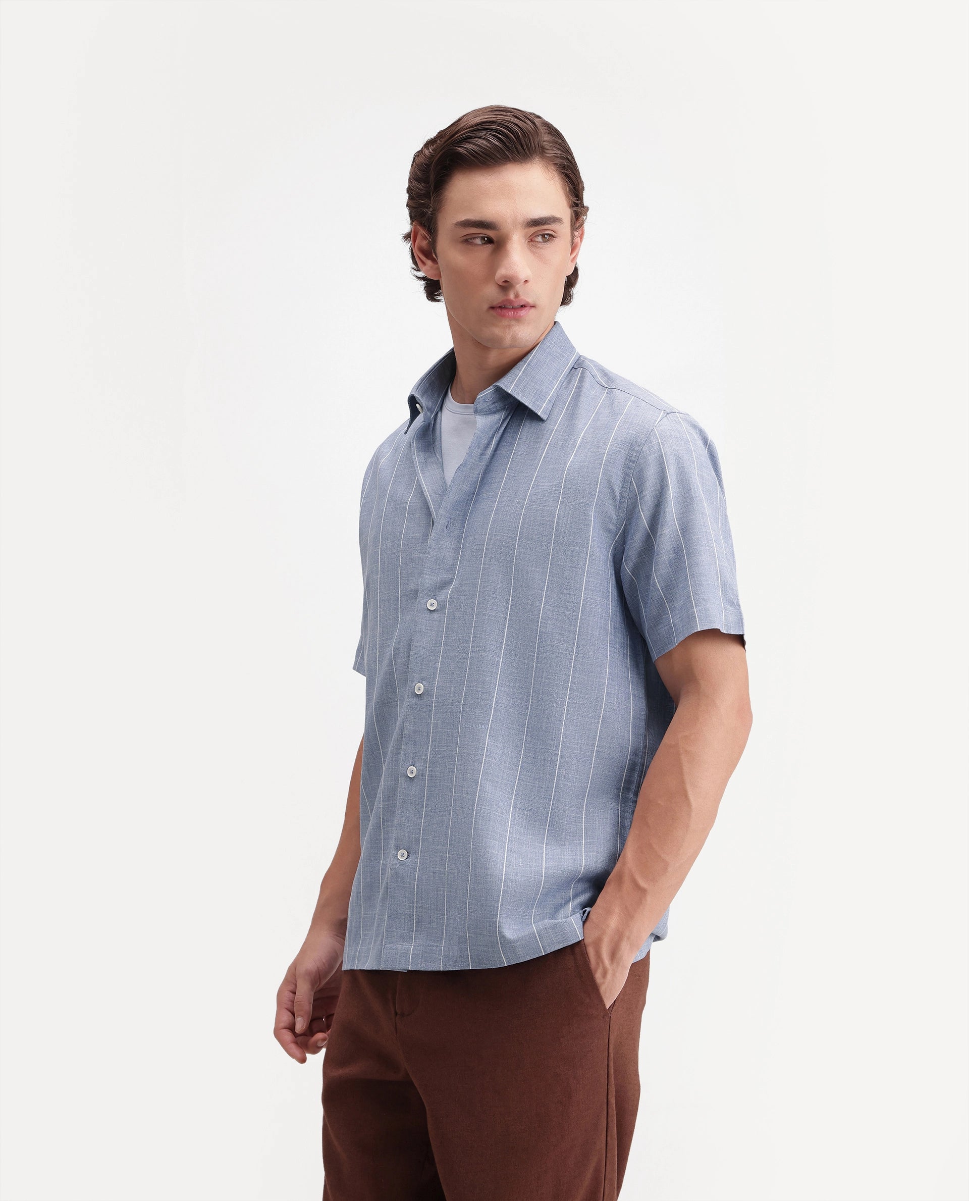 Rare Rabbit Men's Pedri Primary Blue Viscose Blend Spread Collar Regular Striped Shirt