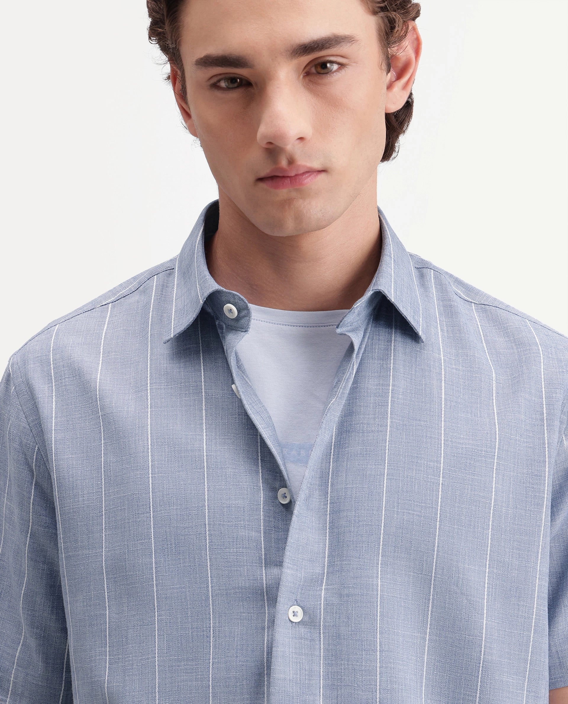 Rare Rabbit Men's Pedri Primary Blue Viscose Blend Spread Collar Regular Striped Shirt