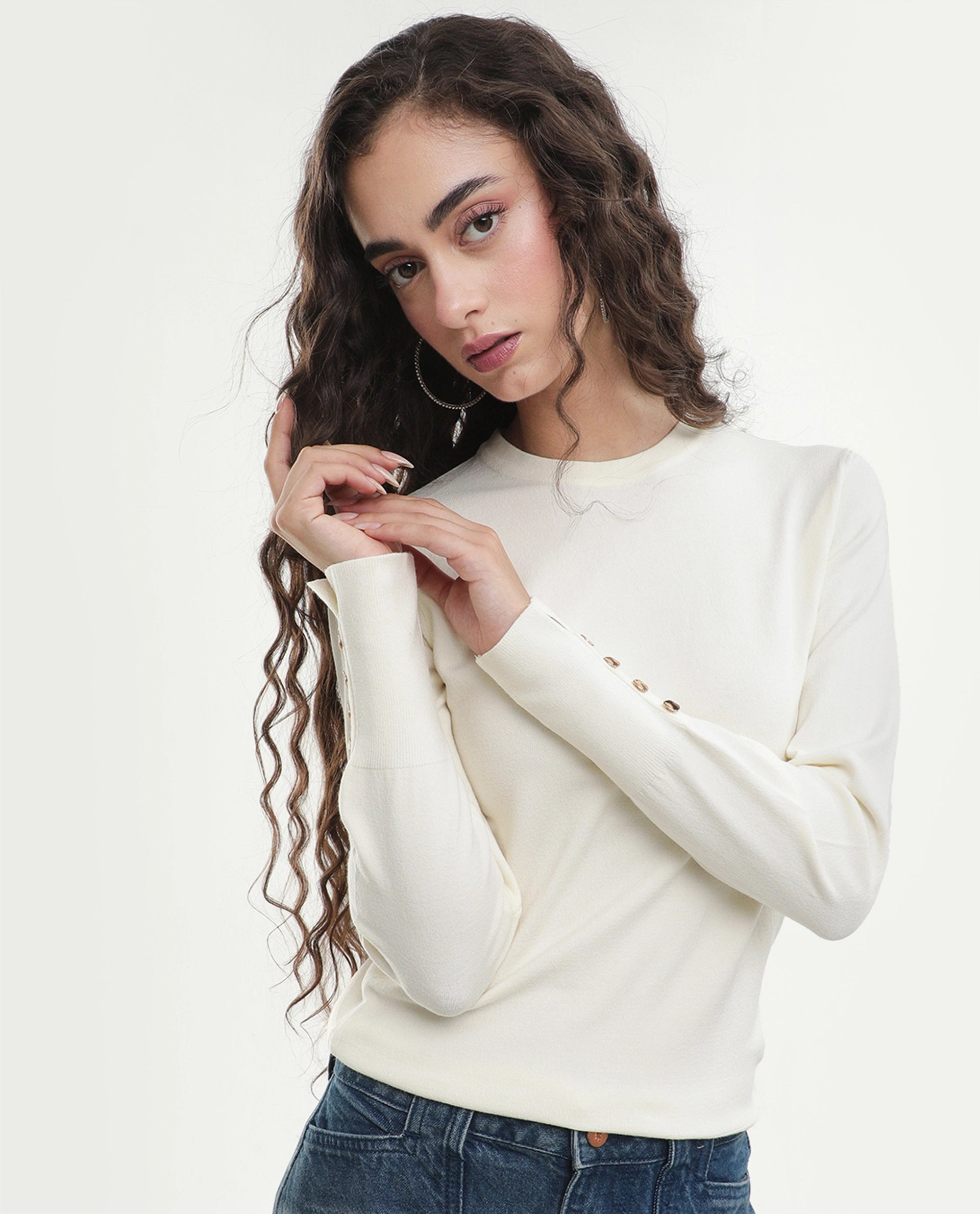 Rareism Women's Loran Off White Viscose Blend Crew Neck Regular Fit Plain Top