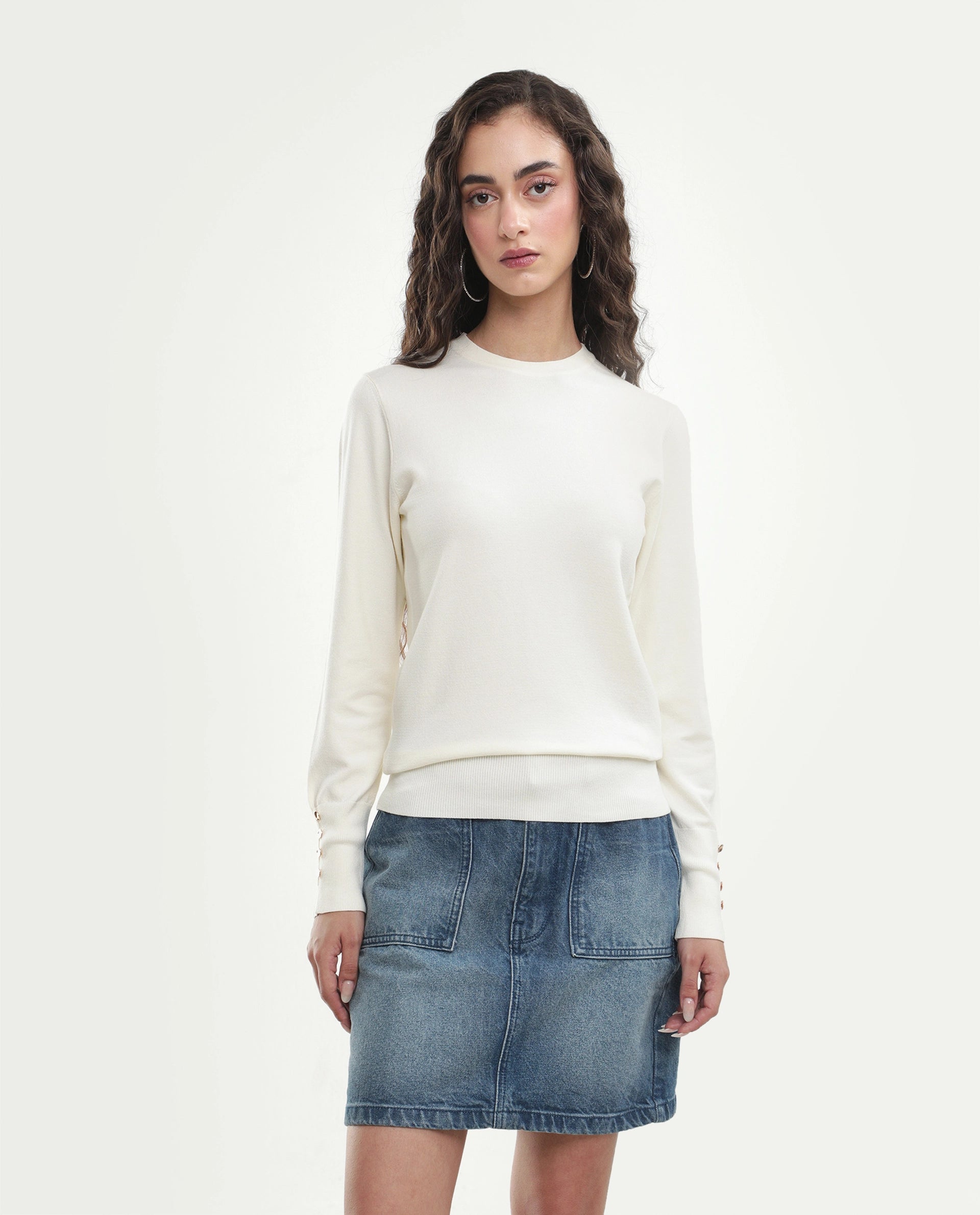 Rareism Women's Loran Off White Viscose Blend Crew Neck Regular Fit Plain Top