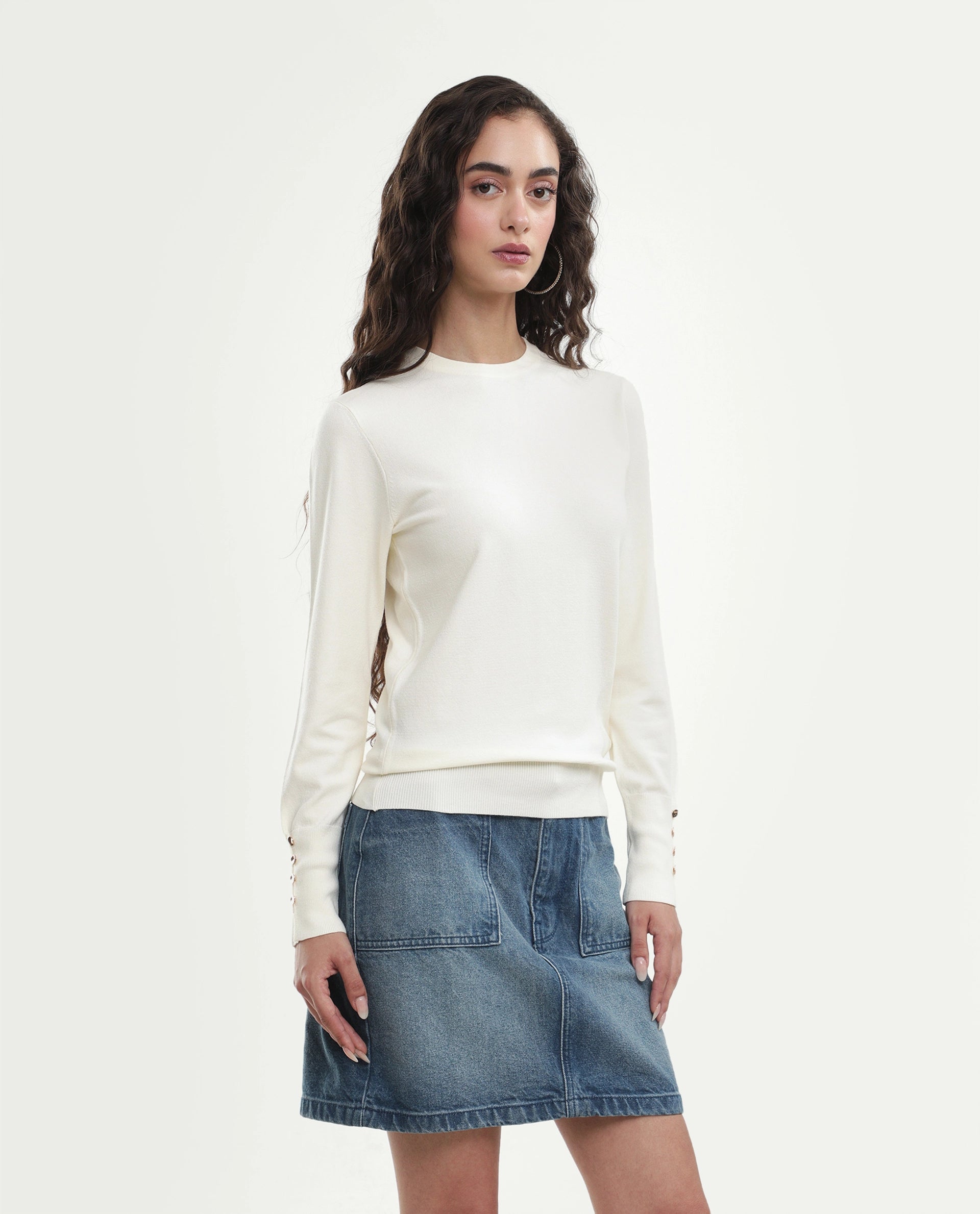 Rareism Women's Loran Off White Viscose Blend Crew Neck Regular Fit Plain Top