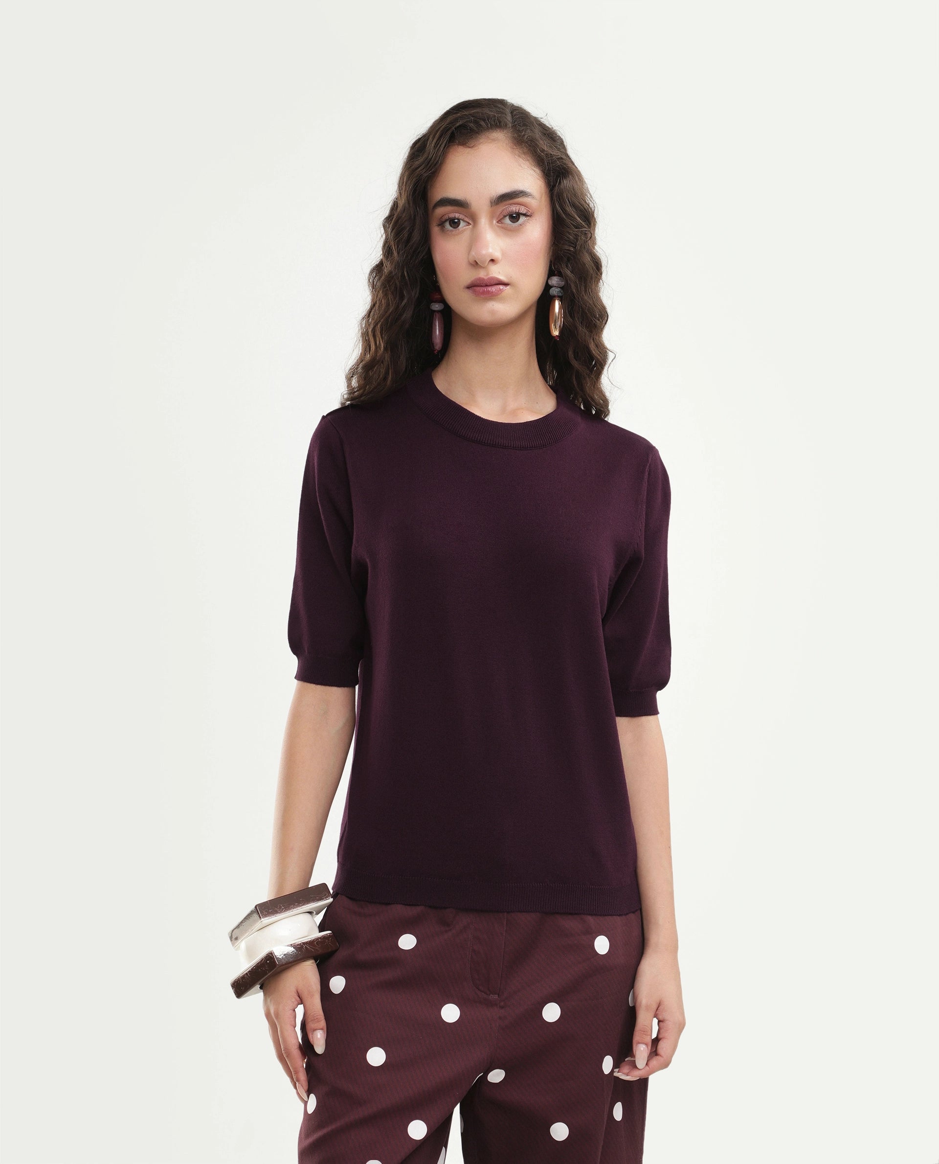 Rareism Women's Rohrdoaw26 Dark Maroon Viscose Blend Crew Neck Regular Fit Plain Top