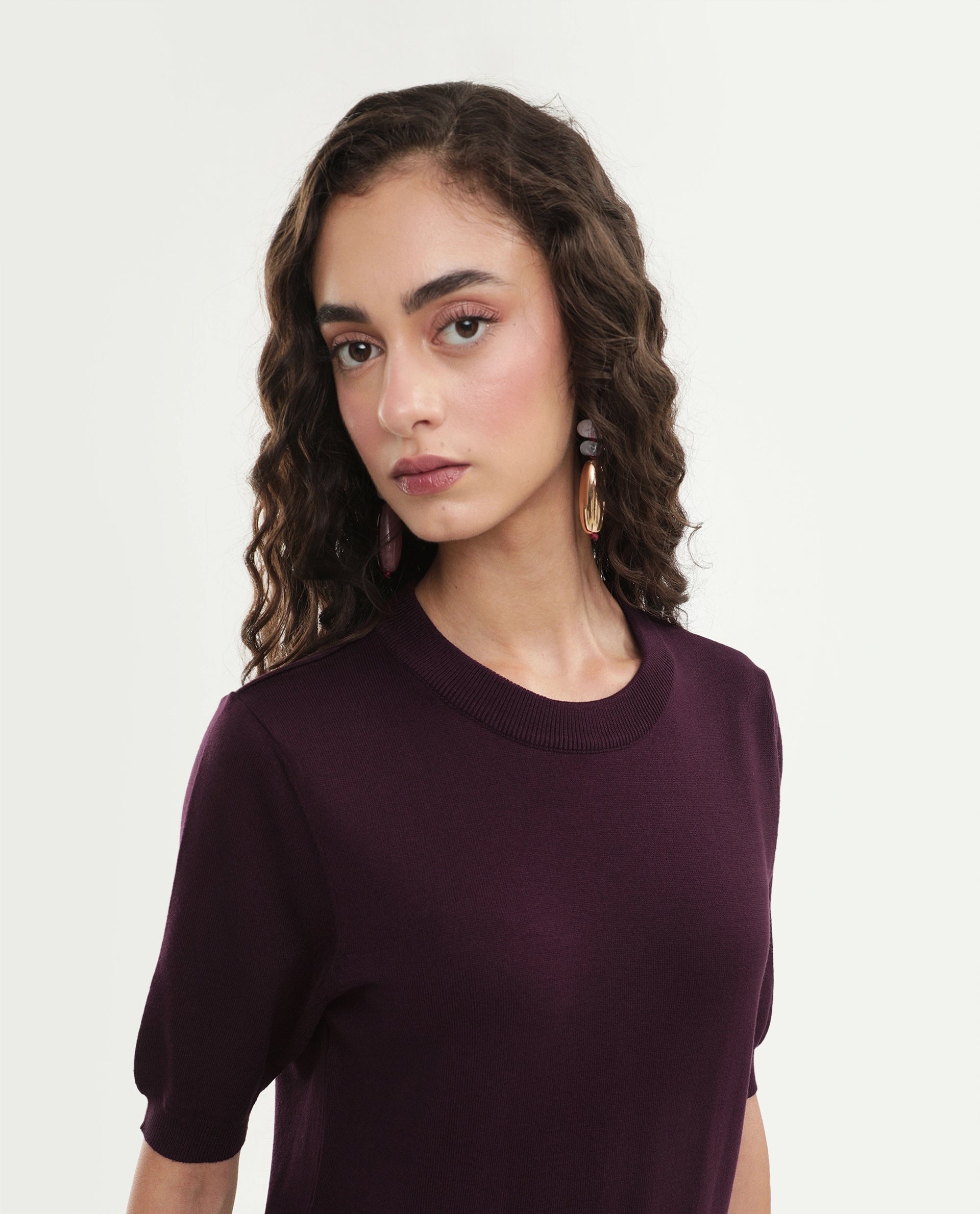 Rareism Women's Rohrdoaw26 Dark Maroon Viscose Blend Crew Neck Regular Fit Plain Top
