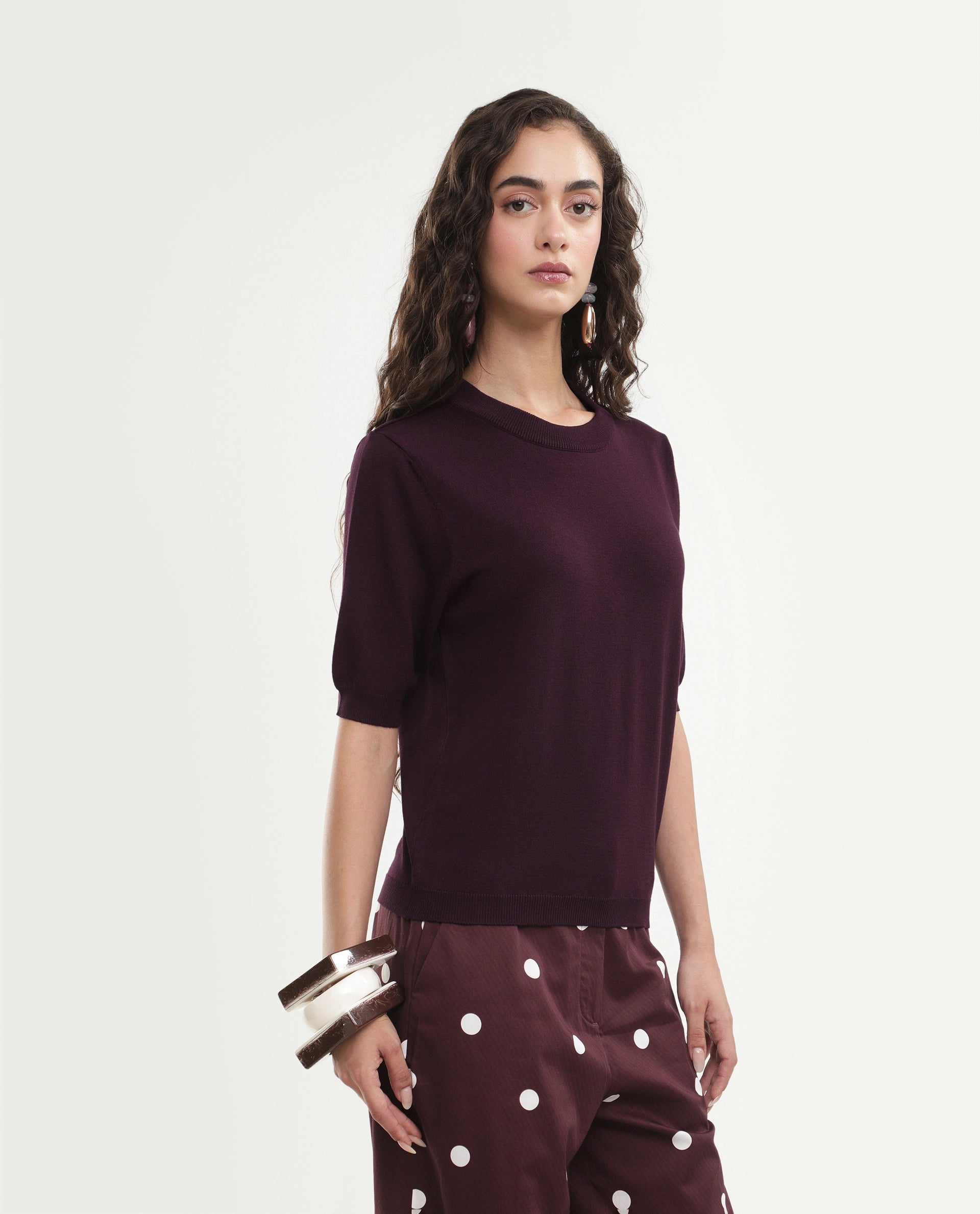Rareism Women's Rohrdoaw26 Dark Maroon Viscose Blend Crew Neck Regular Fit Plain Top