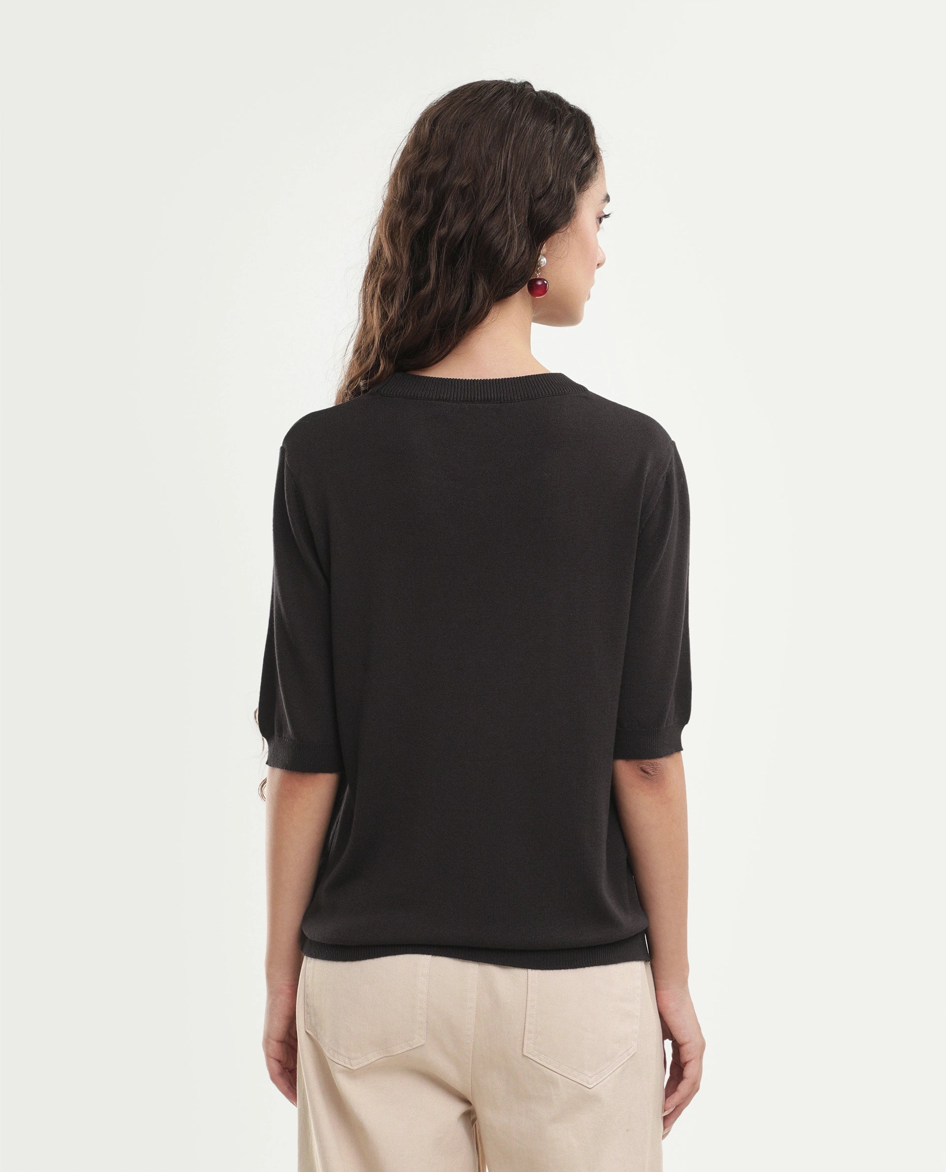 Rareism Women's Rohrdoaw26 Dark Brown Viscose Blend Crew Neck Regular Fit Plain Top