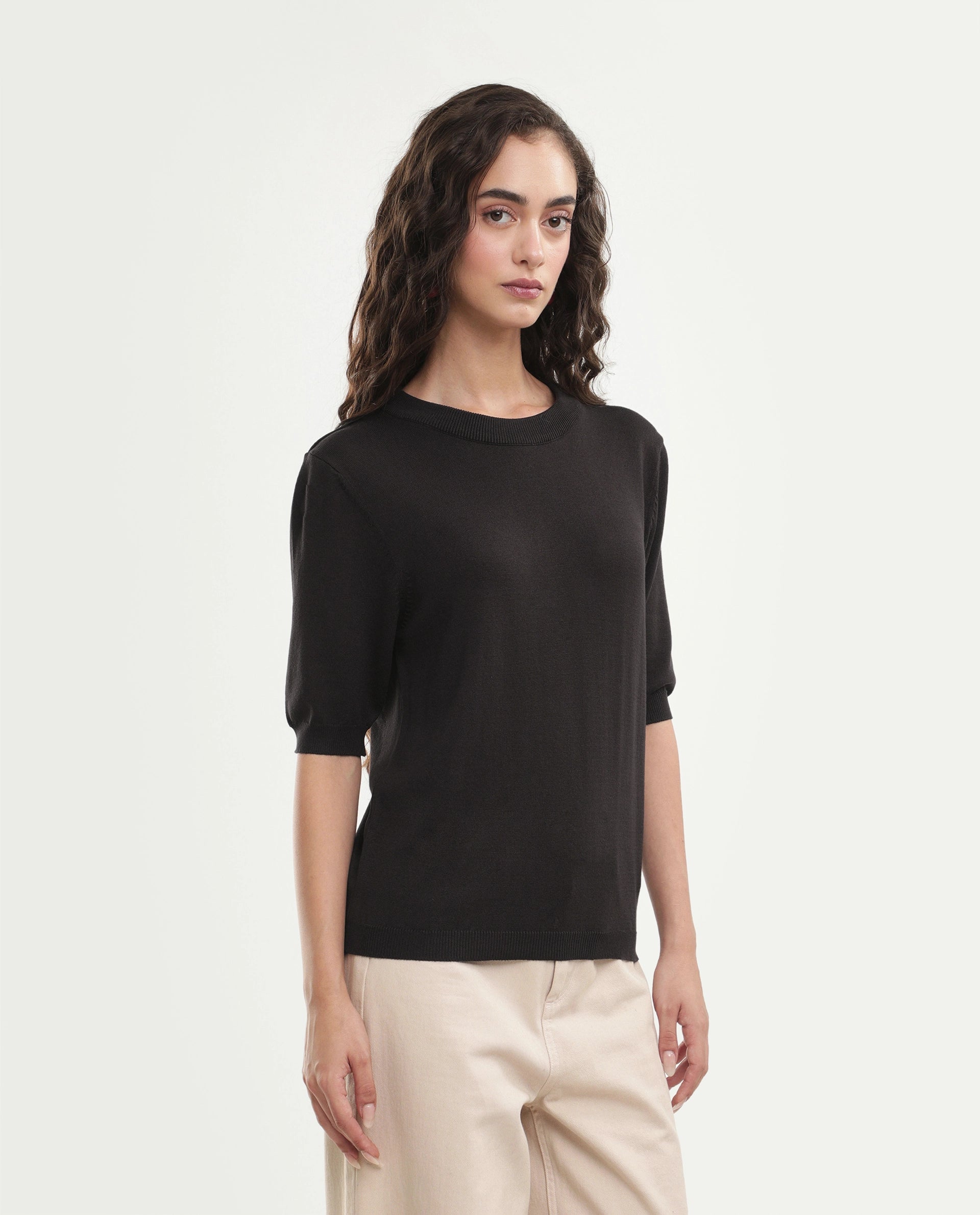 Rareism Women's Rohrdoaw26 Dark Brown Viscose Blend Crew Neck Regular Fit Plain Top
