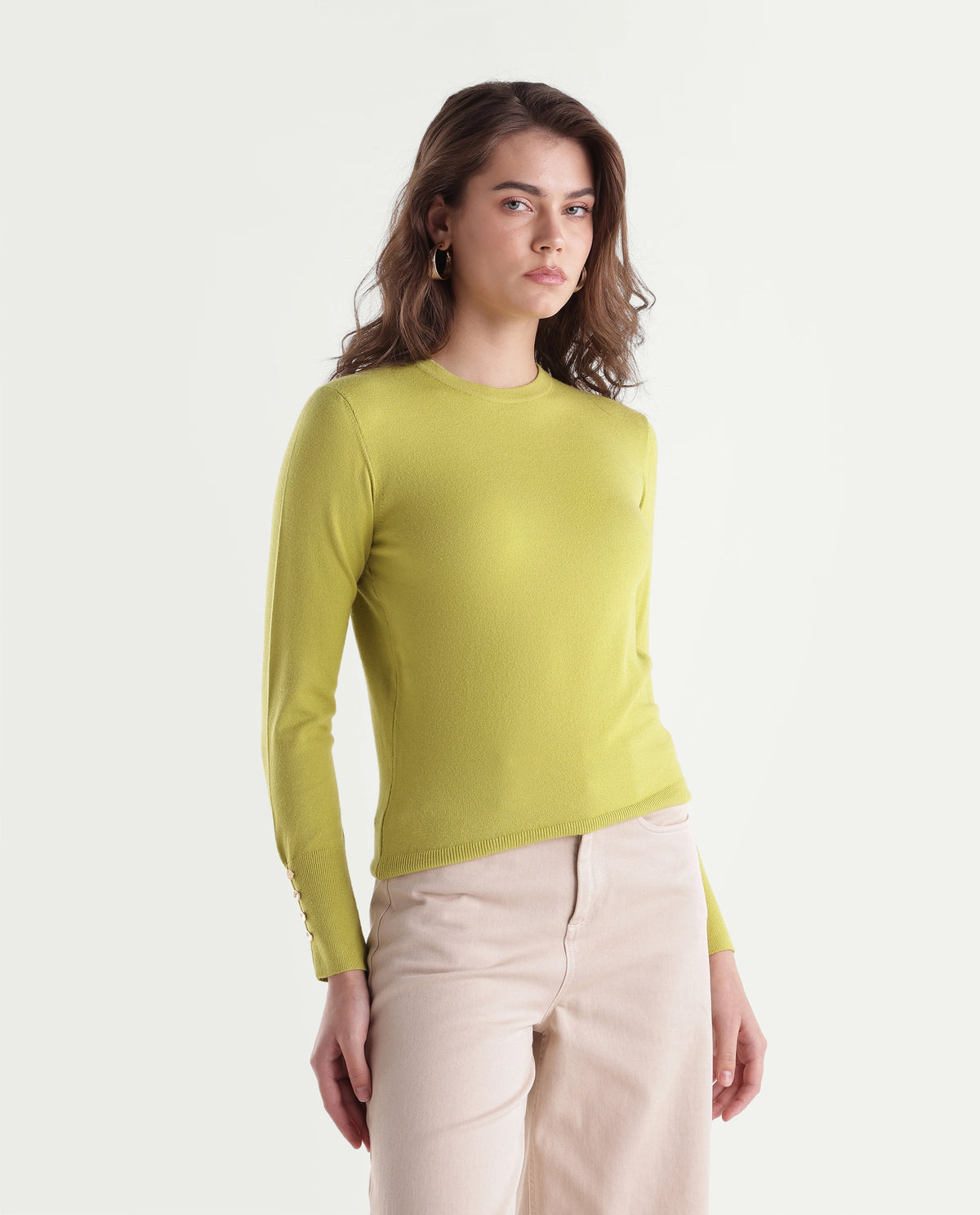 Rareism Women's Loran Light Green Viscose Blend Crew Neck Regular Fit Plain Top