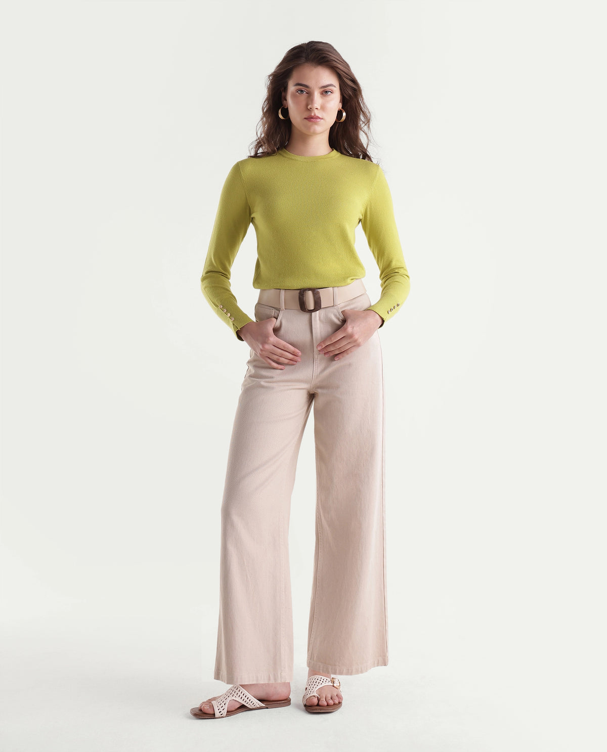 Rareism Women's Loran Light Green Viscose Blend Crew Neck Regular Fit Plain Top