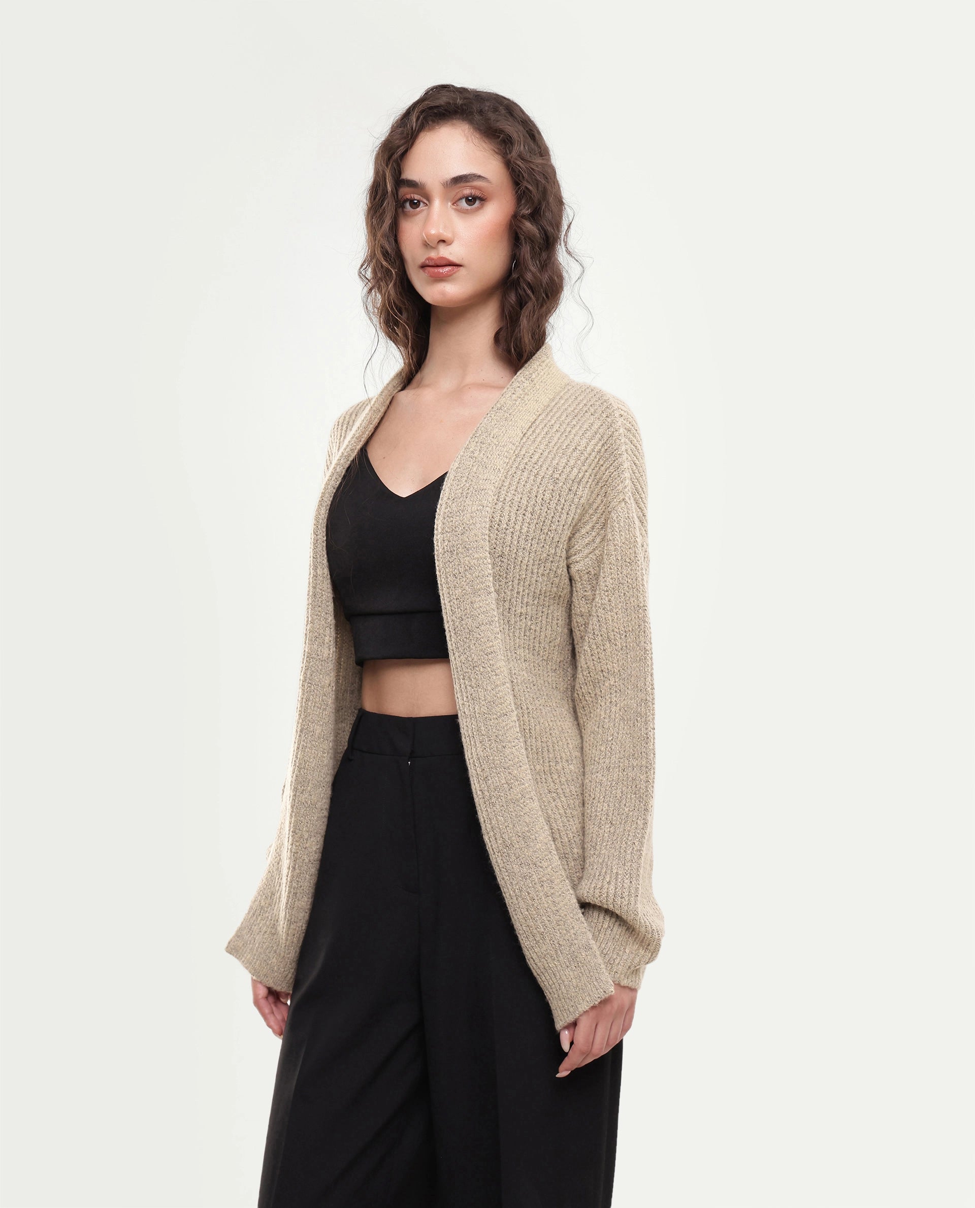 Rareism Women's Jugaw26 Dark Beige Acrylic Blend Lapel Neck Relaxed Fit Plain Shrug