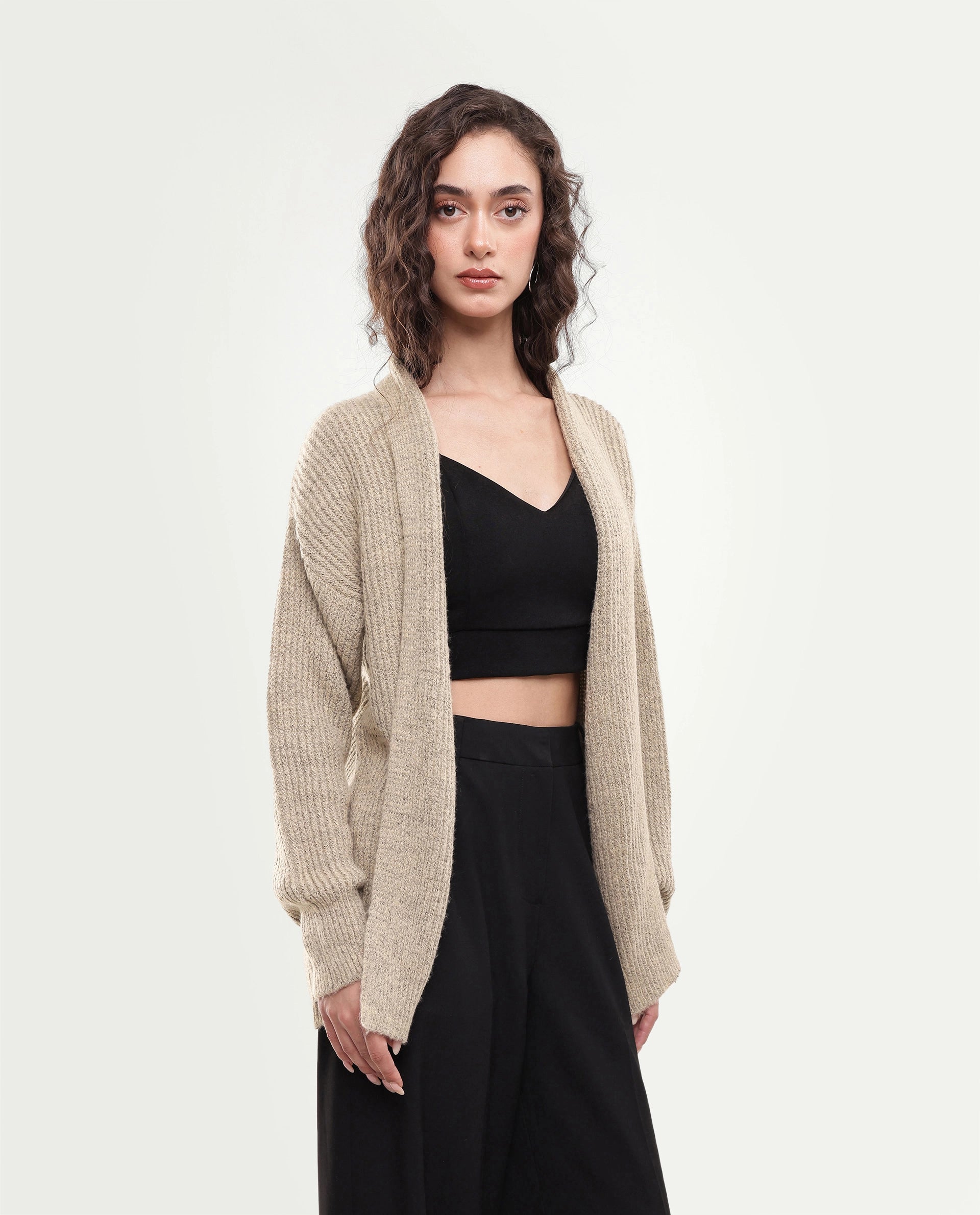 Rareism Women's Jugaw26 Dark Beige Acrylic Blend Lapel Neck Relaxed Fit Plain Shrug