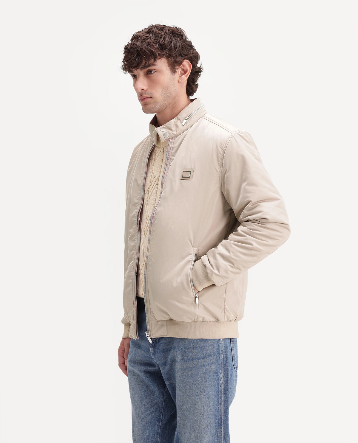 Rare Rabbit Men's Royban-26 Primary Beige Polyester High Neck Regular Plain Jacket