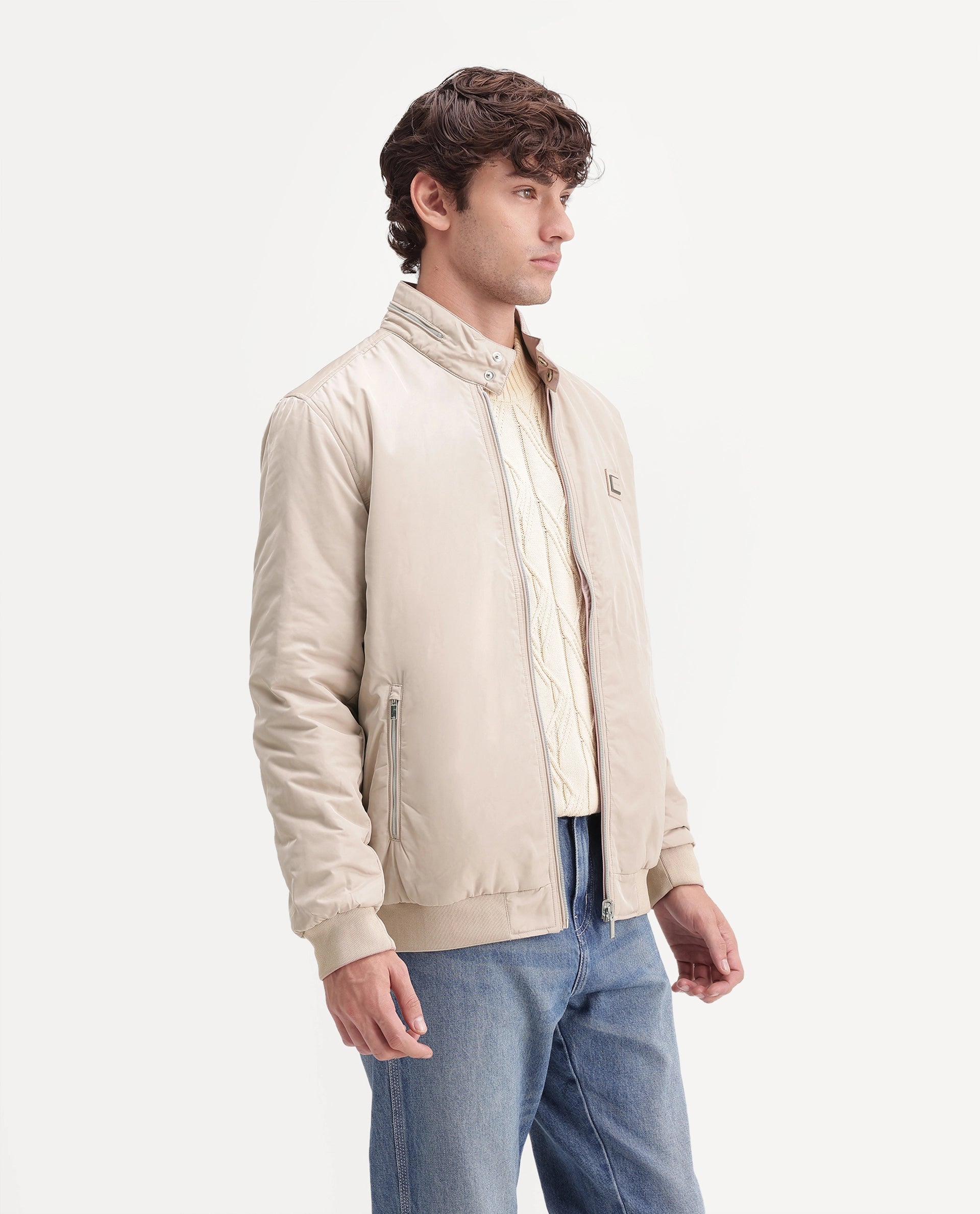 Rare Rabbit Men's Royban-26 Primary Beige Polyester High Neck Regular Plain Jacket