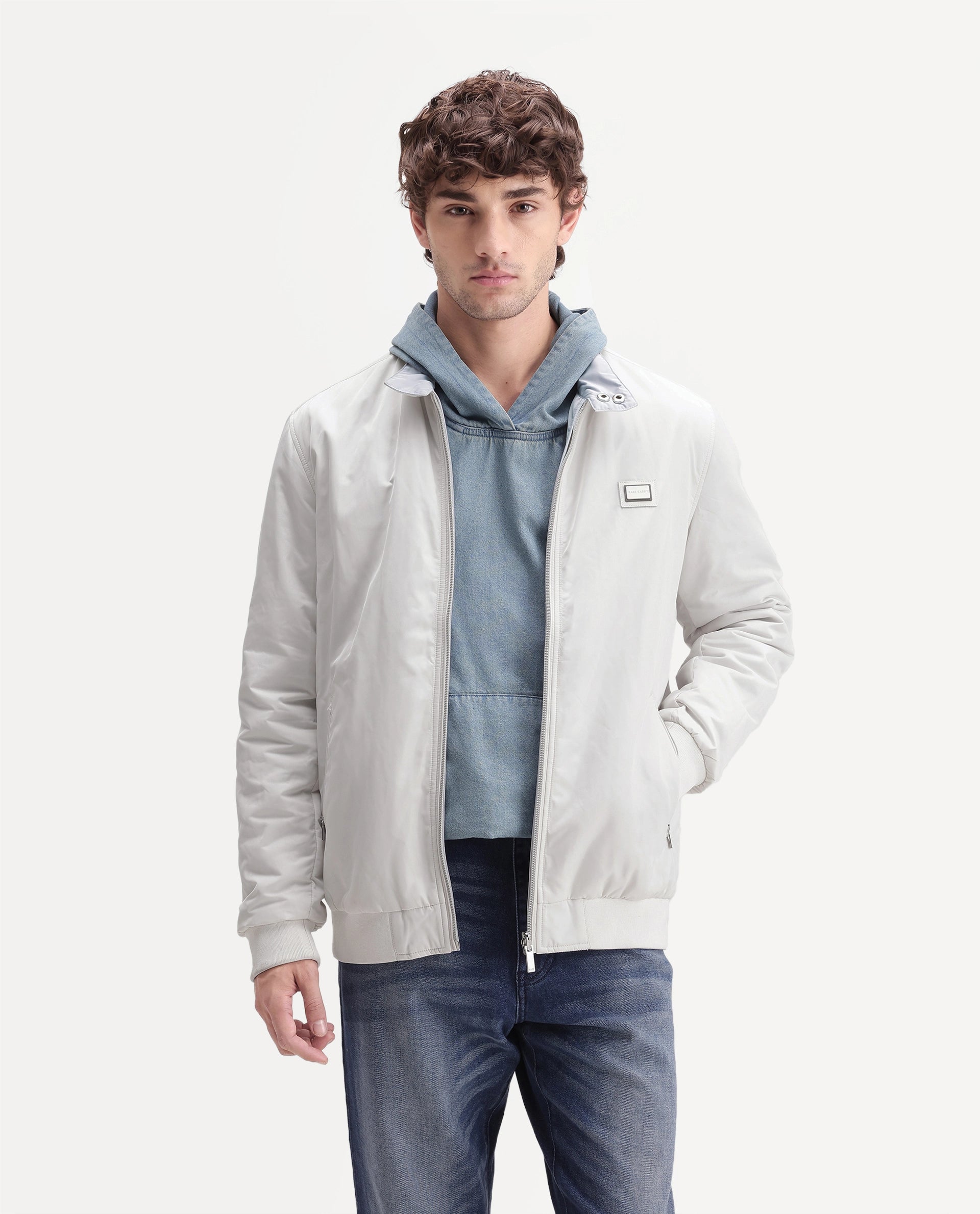 Rare Rabbit Men's Royban-26 Primary Off White Polyester High Neck Regular Plain Jacket