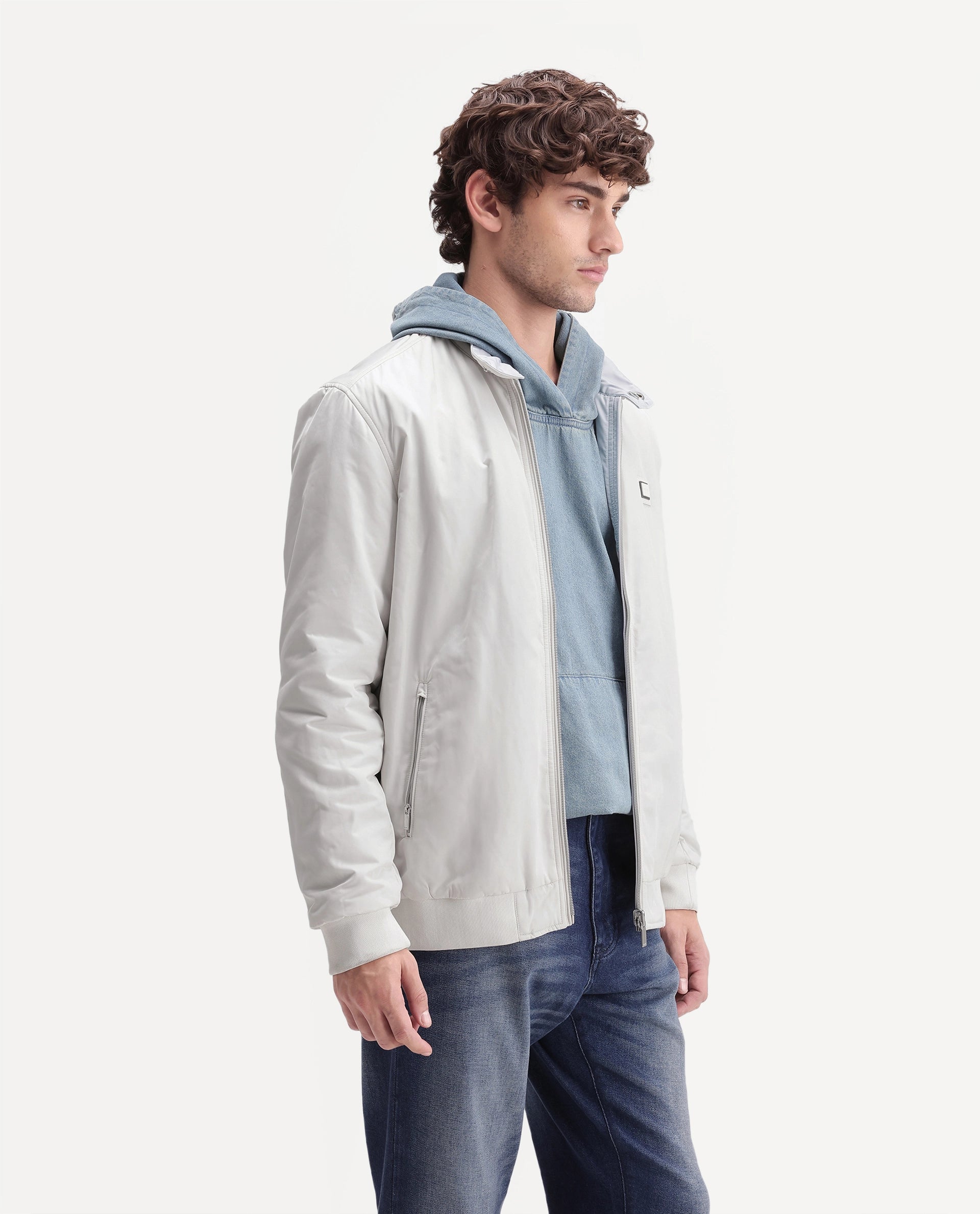 Rare Rabbit Men's Royban-26 Primary Off White Polyester High Neck Regular Plain Jacket