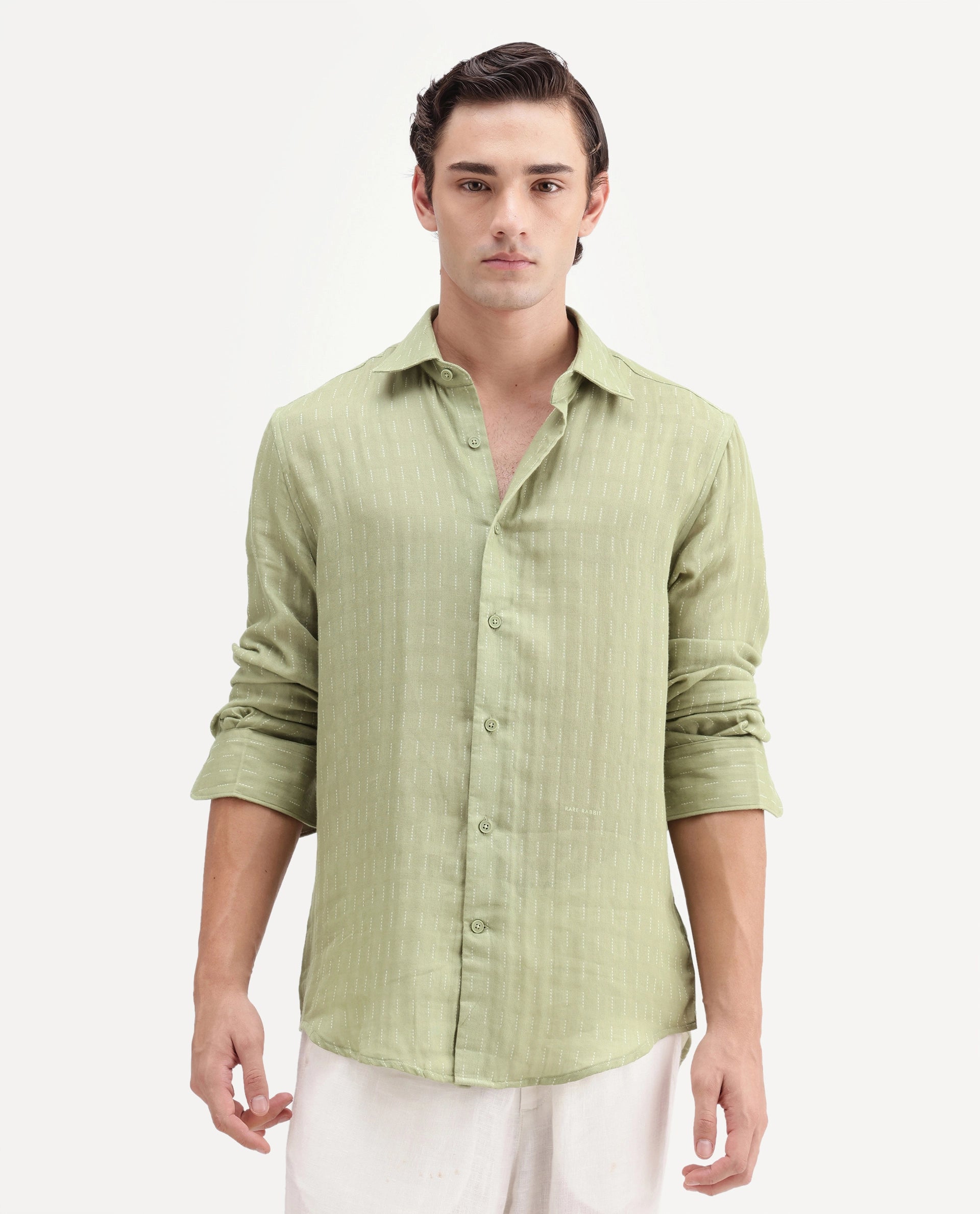 Rare Rabbit Men's Beno Dusky Green Cotton Regular Long Sleeve Striped Shirt
