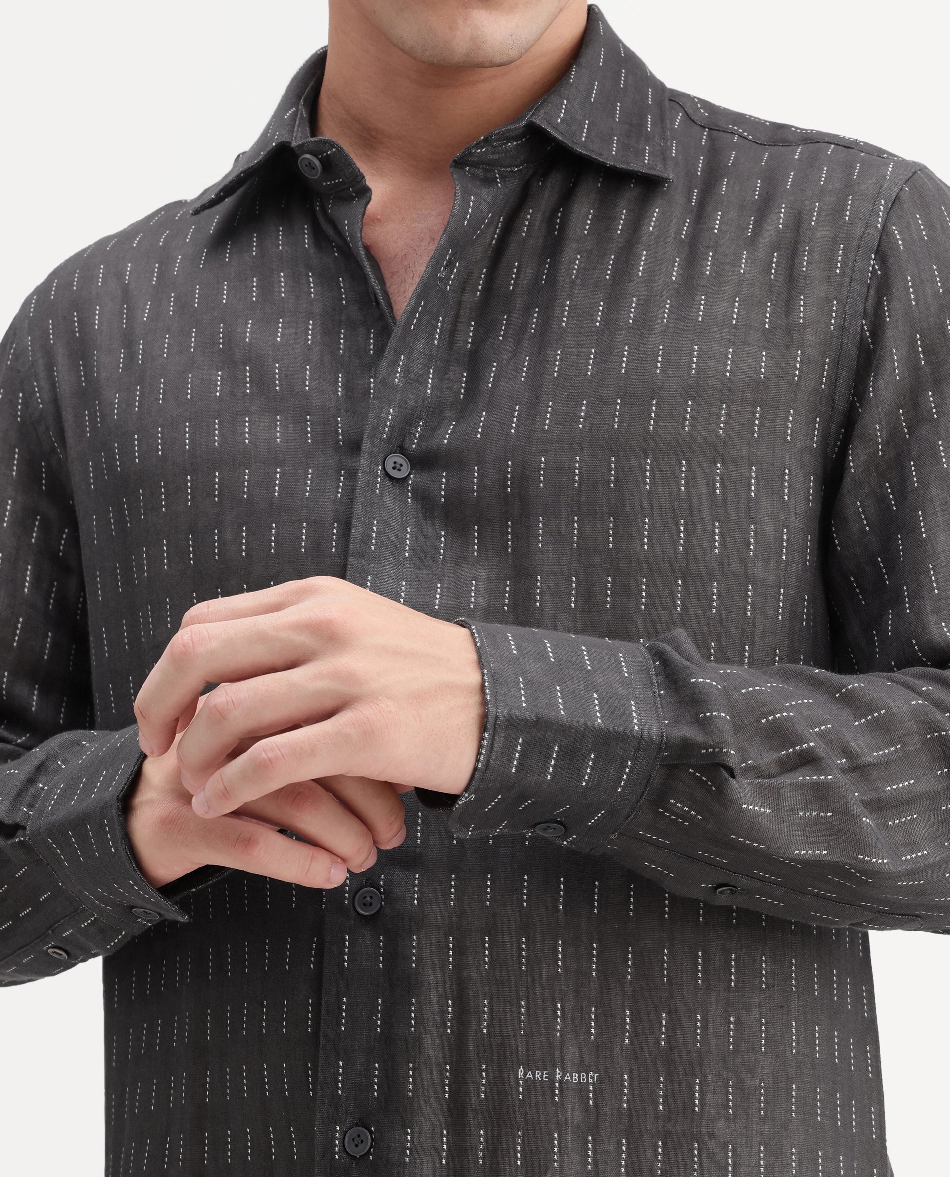 Rare Rabbit Men's Beno Dark Grey Cotton Regular Long Sleeve Striped Shirt