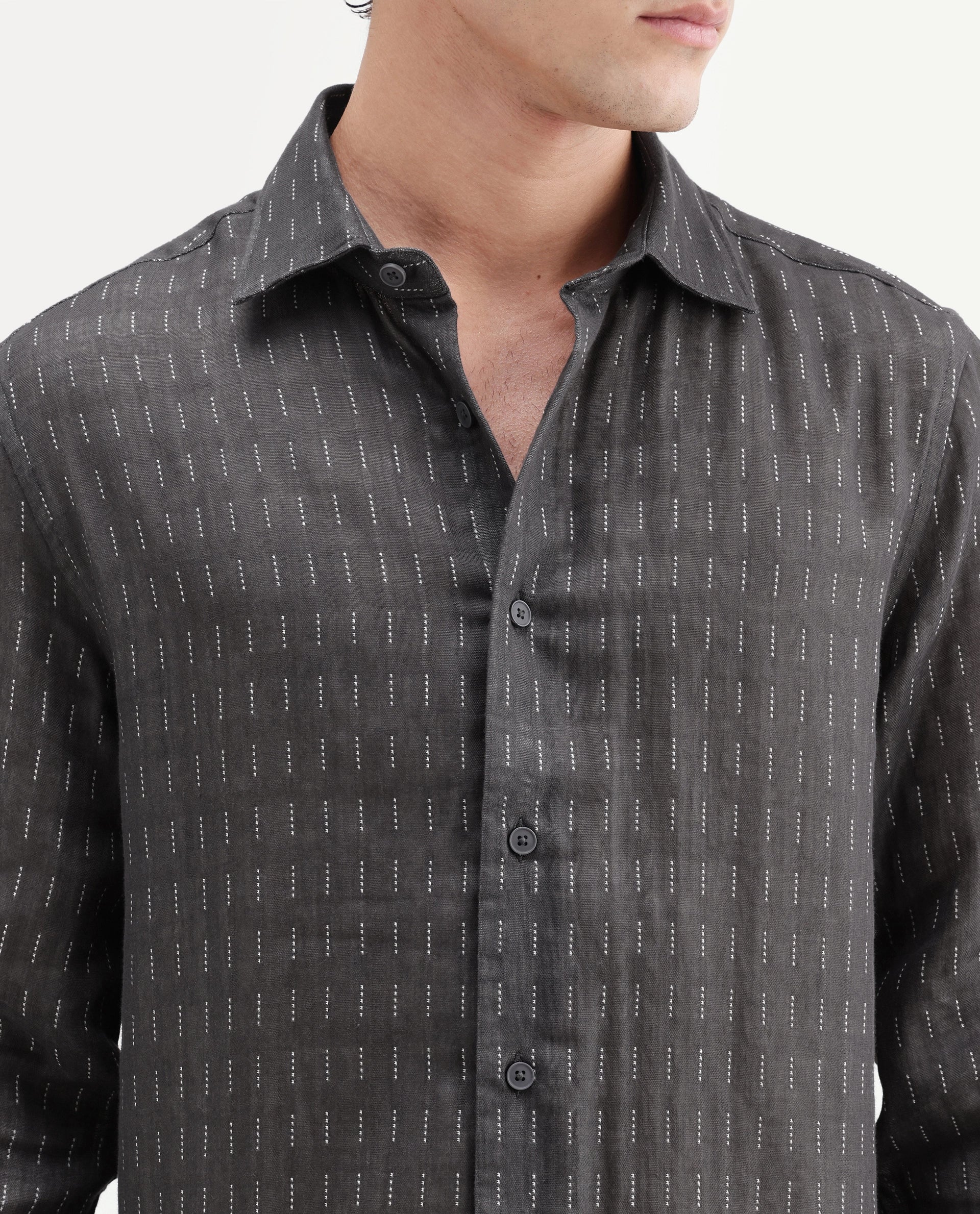 Rare Rabbit Men's Beno Dark Grey Cotton Regular Long Sleeve Striped Shirt
