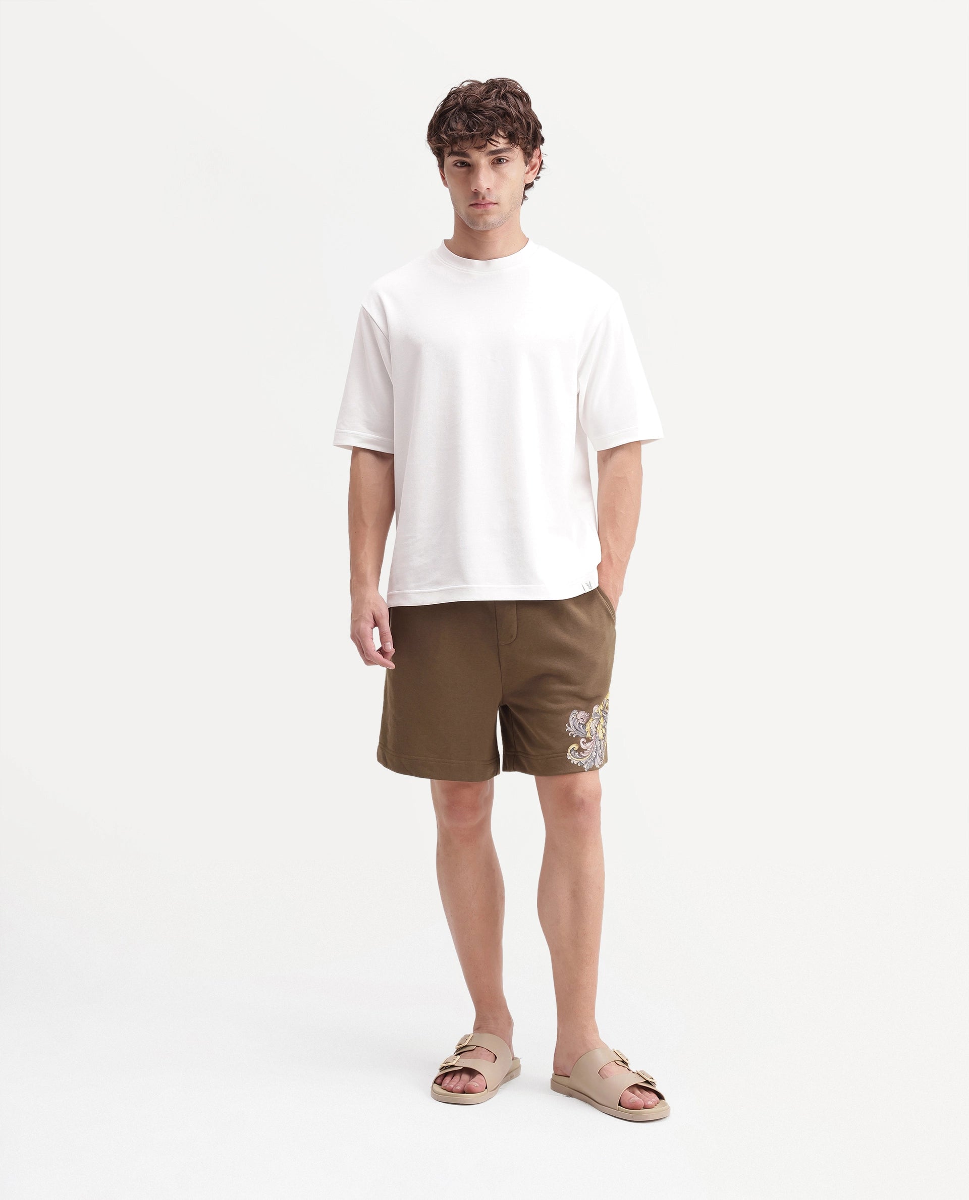 Rare Rabbit Men's Shon Dusky Brown Cotton Blend Regular Graphic Print Shorts