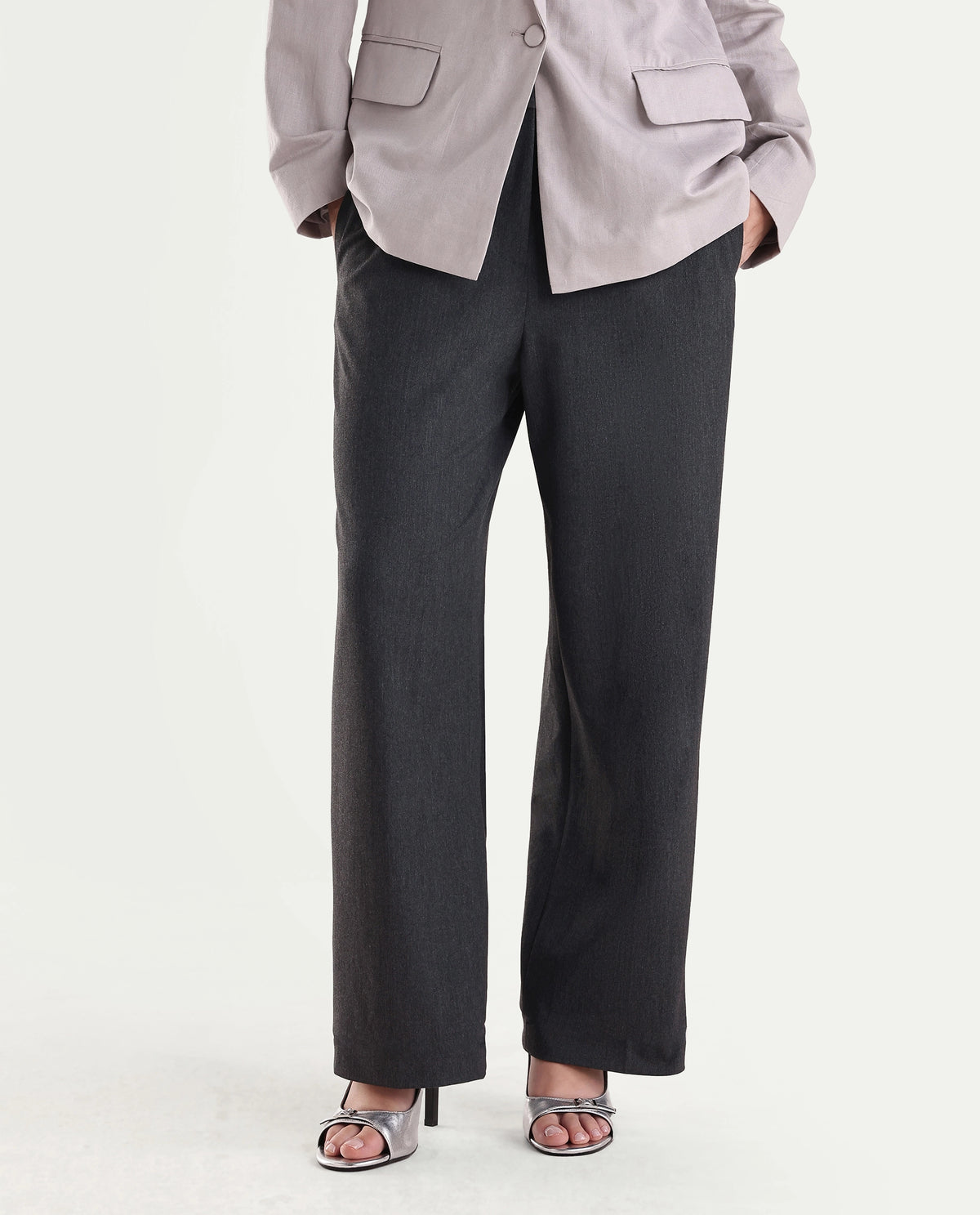Rareism Women's Srait-Aw26 Grey Polyester Blend Straight Plain Trouser