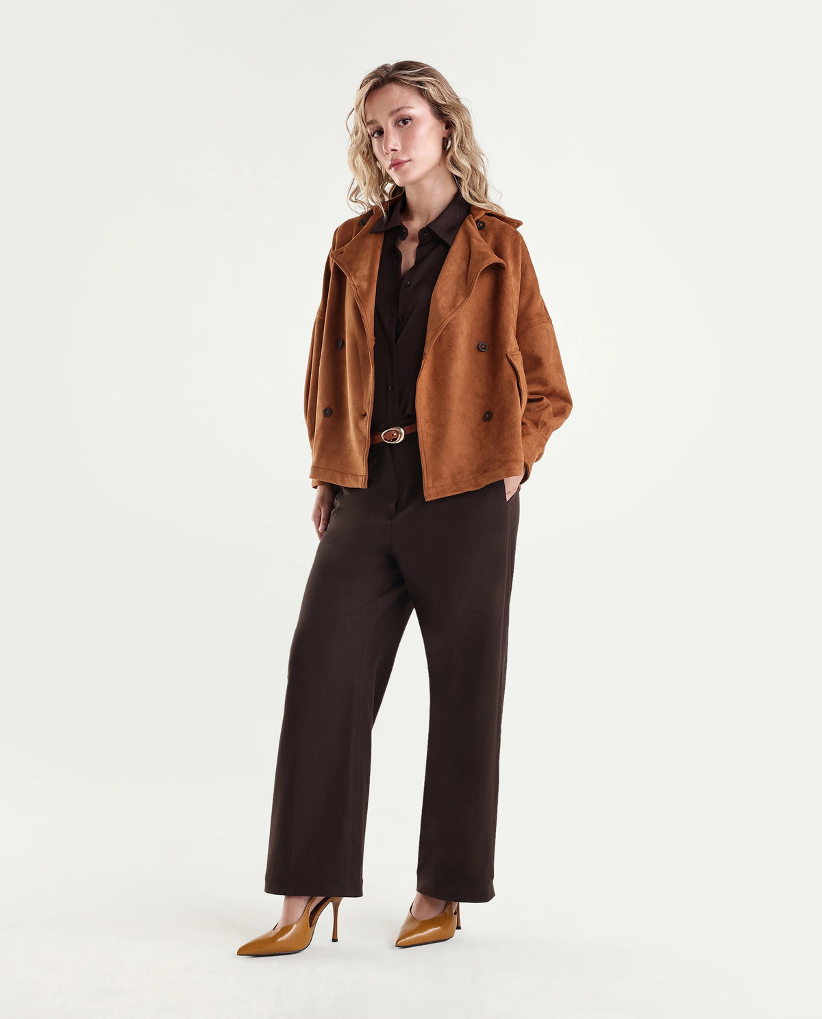 Rareism Women's Srait-Aw26 Brown Polyester Blend Straight Plain Trouser