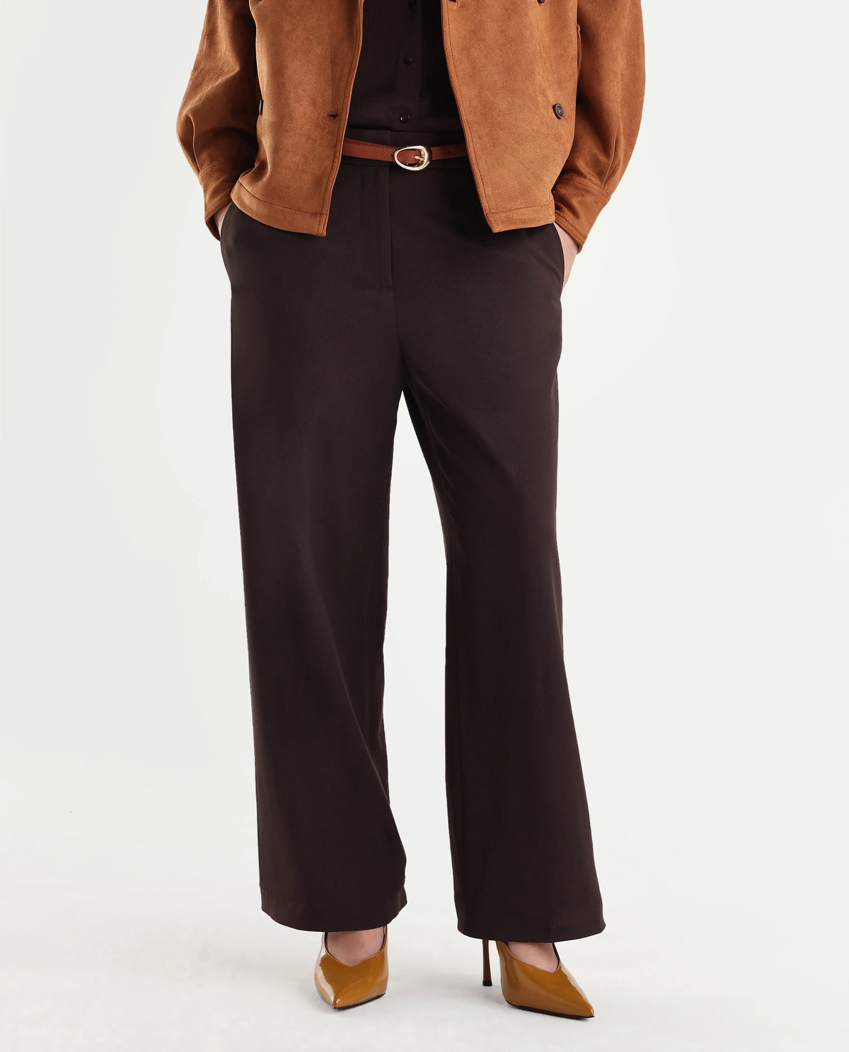 Rareism Women's Srait-Aw26 Brown Polyester Blend Straight Plain Trouser
