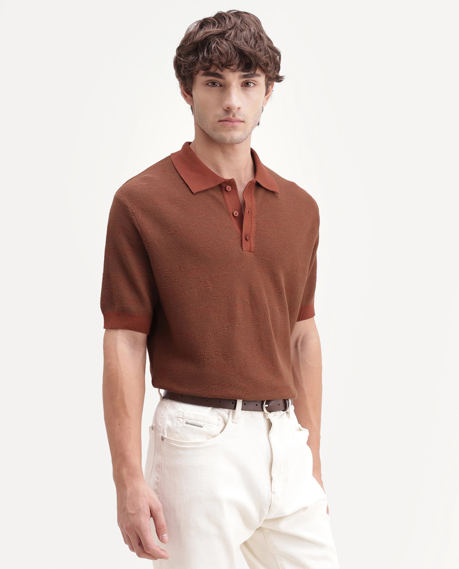 Rare Rabbit Men's Gera Rust Cotton Spread Collar Button Regular Fit Jacquard Print Polo