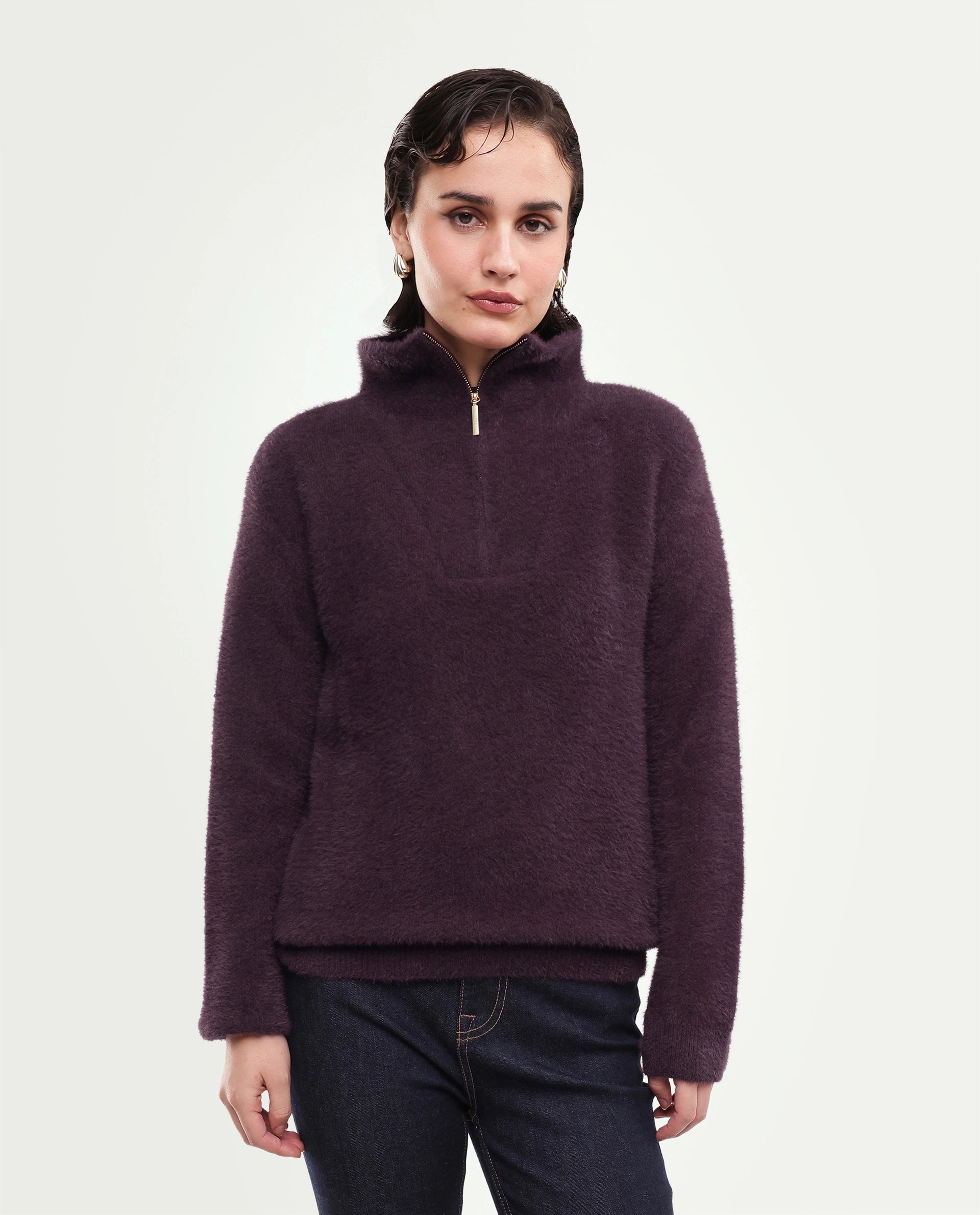 Rareism Women's Asseraw26 Dark Maroon Plain Nylon Blend Relaxed Long Sleeves Sweater