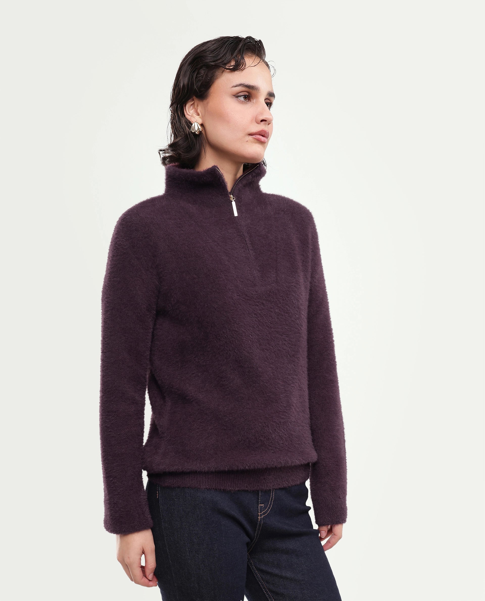 Rareism Women's Asseraw26 Dark Maroon Plain Nylon Blend Relaxed Long Sleeves Sweater