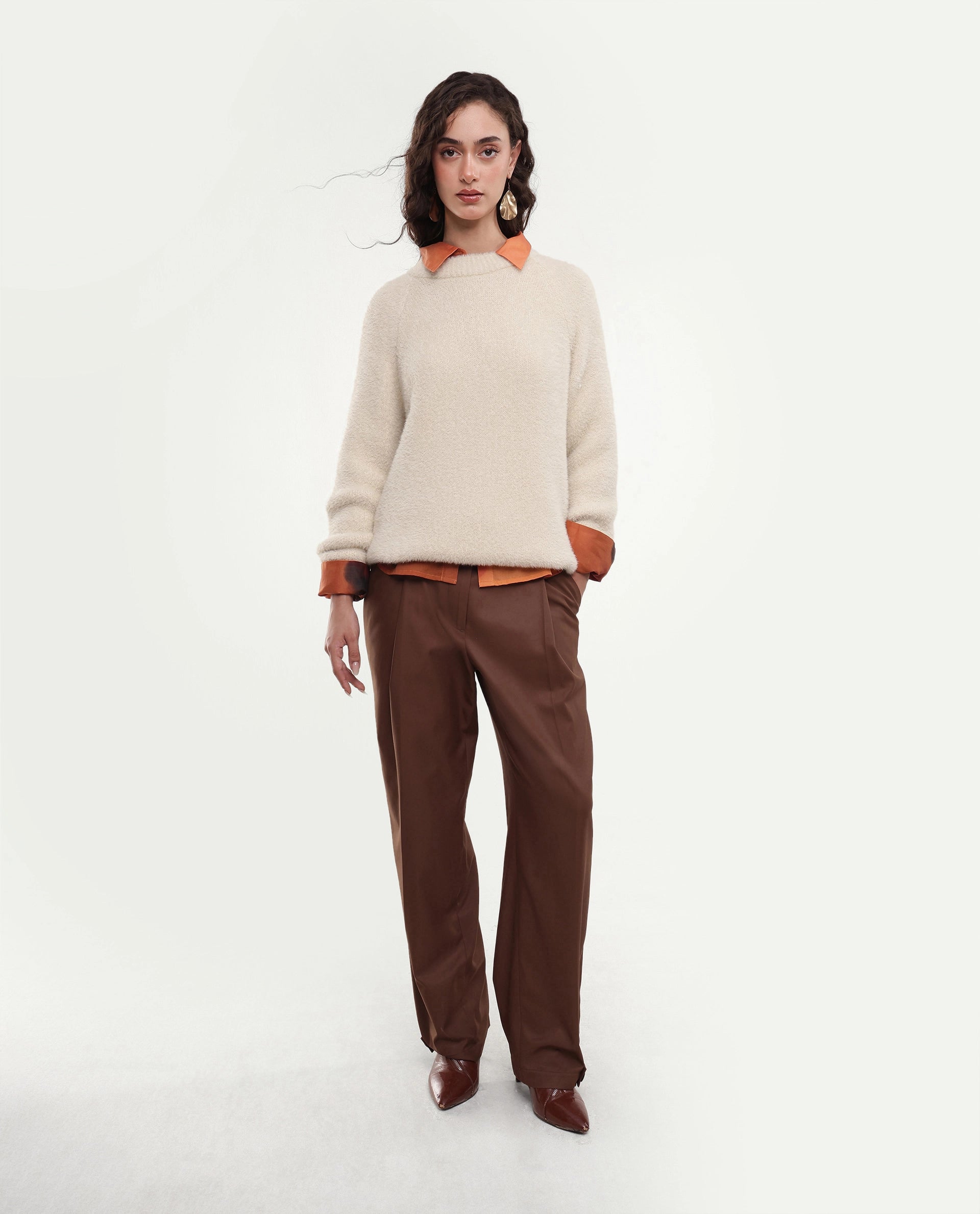 Rareism Women's Mitsi Light Beige Plain Nylon Relaxed Long Sleeves Sweater