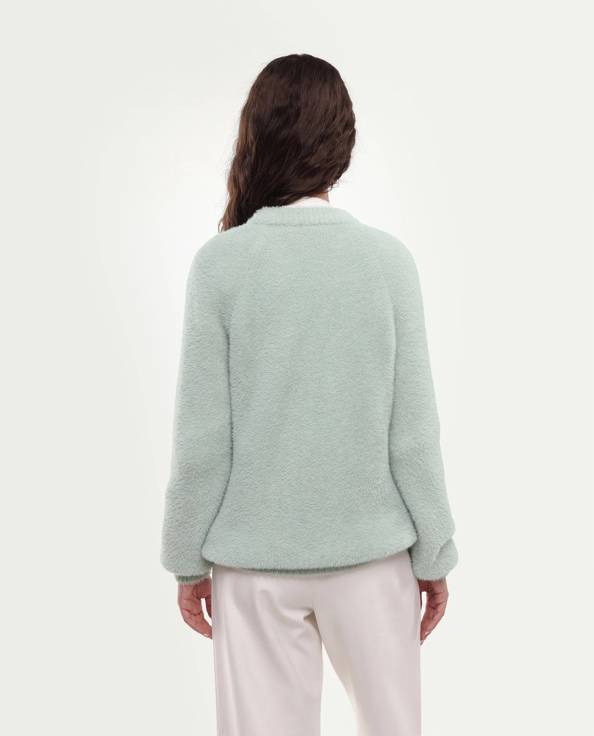 Rareism Women's Mitsi Light Blue Plain Nylon Relaxed Long Sleeves Sweater